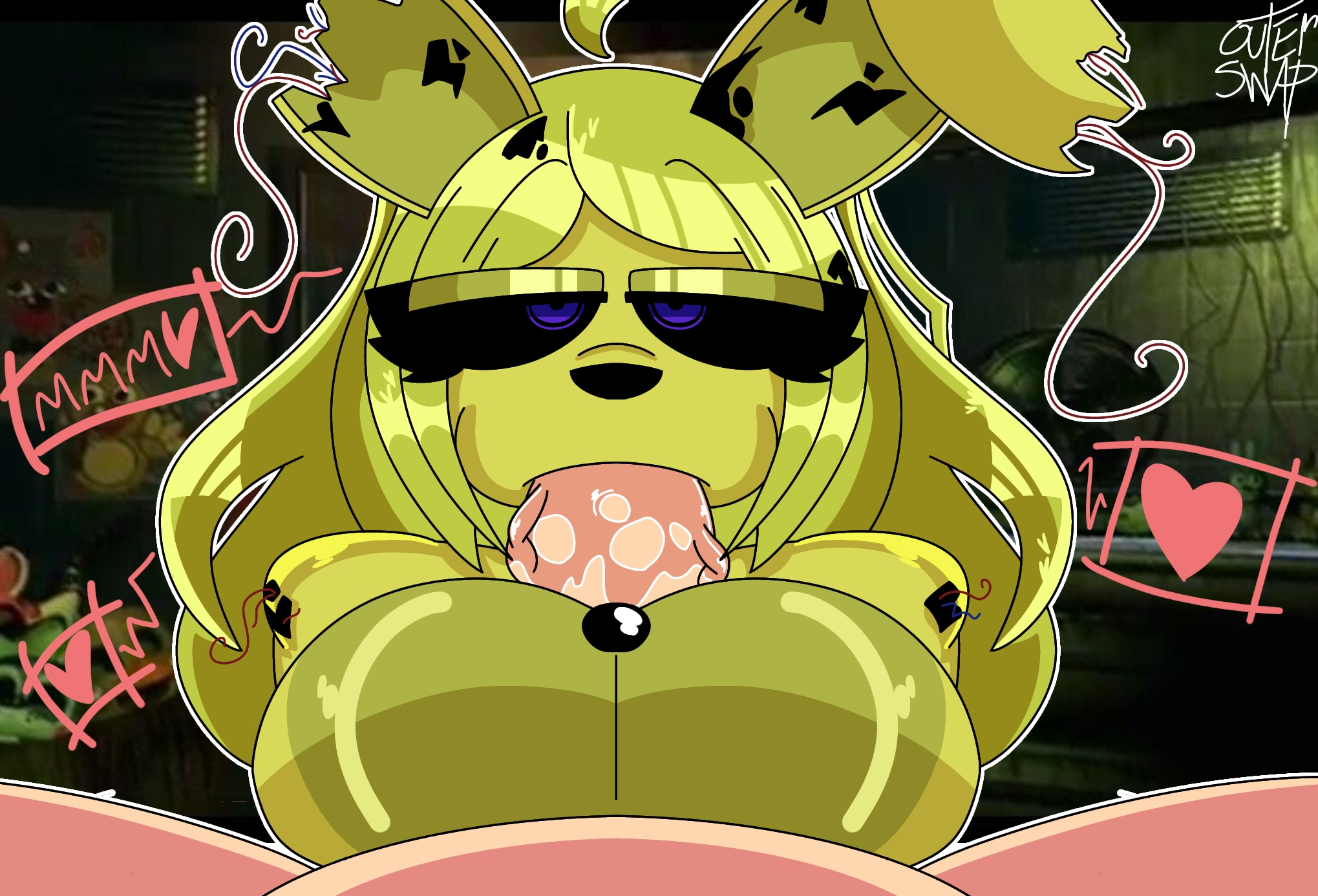 1boy, 1girls, animatronic, big breasts, big penis, blue eyes, breasts, bunny, bunny ears, faceless male, fellatio, female, five nights at freddy's, five nights in anime, fnaf, fnia, looking at viewer, male, male/female, paizuri, penis, springtrap, springtrap (fnaf), springtrap (fnia), straight, sucking, tagme, wires, yellow hair