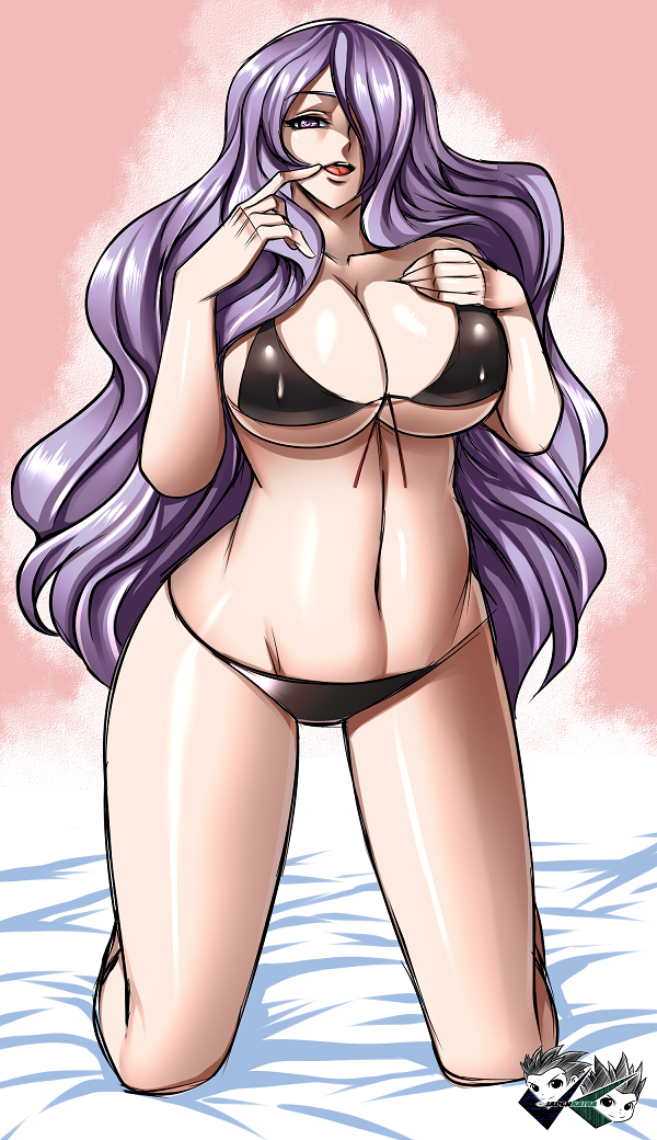 bikini, black bikini, breasts, camilla (fire emblem), cleavage, female, finger to mouth, fire emblem, fire emblem fates, hair over one eye, jadenkaiba, large breasts, long hair, looking at viewer, naughty face, navel, open mouth, purple eyes, purple hair, shiny, shiny hair, solo, stretch, swimsuit