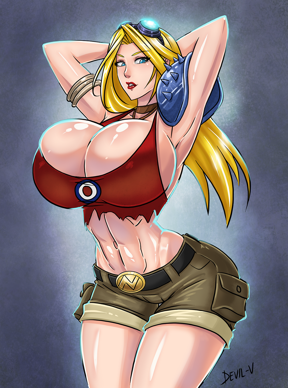 1girls, armlet, arms behind head, arms up, bare midriff, belle walker, belt, blonde hair, blue eyes, breasts, bursting breasts, choker, crop top, devil-v, female, goggles, goggles on head, huge breasts, large breasts, long hair, midriff, no bra, shiny, shiny hair, shiny skin, short shorts, shorts, slim waist, solo, tank top, tight clothing, toned, wildstar