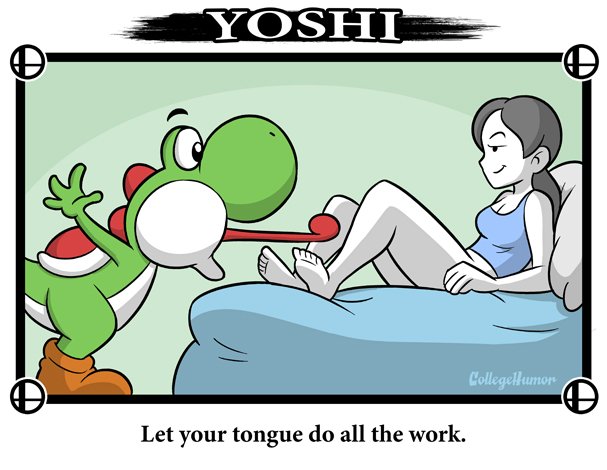 1boy, 1girls, bottomless, collegehumor, comedy, crossover, female, imminent oral, indoors, interspecies, male, mario (series), nintendo, on bed, straight, super smash bros., text, white skin, wii fit, wii fit trainer, wii fit trainer (female), yoshi