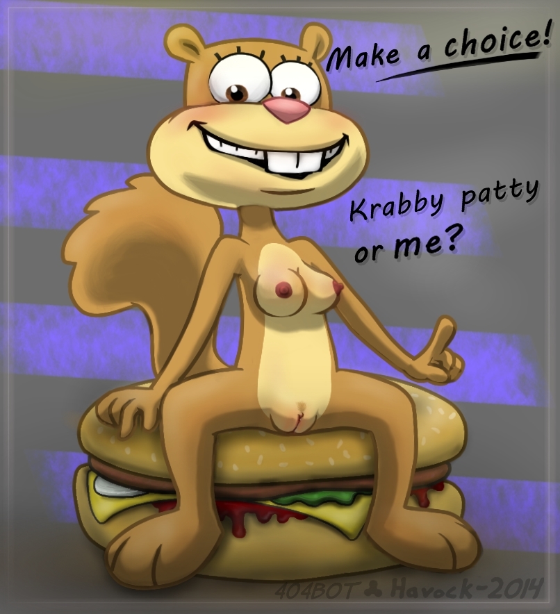 2014 404bot anthro breasts burger english_text female food furry mammal nipples nude pussy rodent sandy_cheeks solo spongebob_squarepants spread_legs spreading squirrel straight_hair text