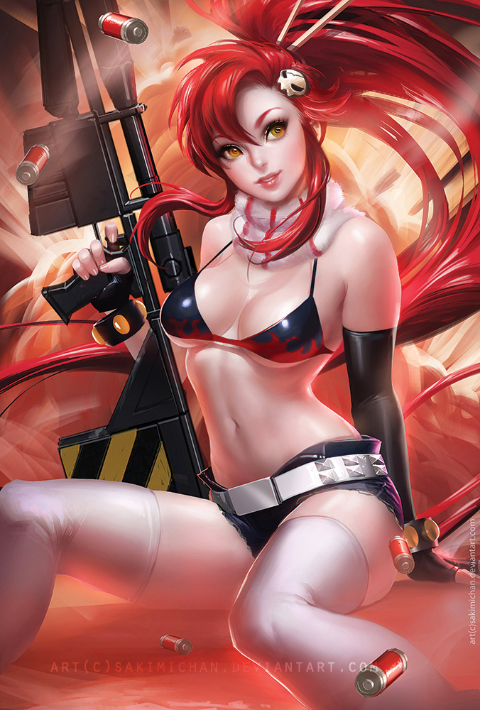 belt, bikini top, breasts, cleavage, female, fingerless gloves, gloves, gun, navel, ponytail, red hair, sakimichan, scarf, shorts, sitting, skindentation, sniper rifle, solo, tengen toppa gurren lagann, thighhighs, tied hair, weapon, yellow eyes, yoko littner