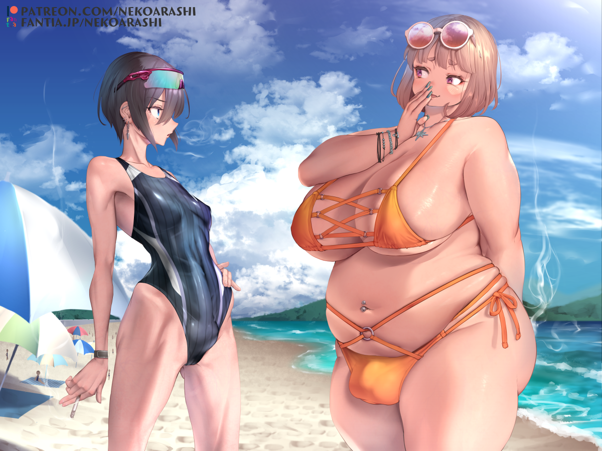 2futas, balls, balls bulge, balls in panties, balls under clothes, bikini, breasts, bulge, cameltail, cigarette, cleavage, erect nipples, erection, erection in panties, erection under clothes, flaccid, futa only, futa sans pussy, futa with futa, futanari, huge breasts, intersex, nipple bulge, nipples, one-piece swimsuit, overweight, overweight futa, panties, panty bulge, penis, penis bulge, penis in panties, penis size difference, penis under clothes, small breasts, smoke, smoking, swimsuit, tenting, testicles, yana (nekoarashi)