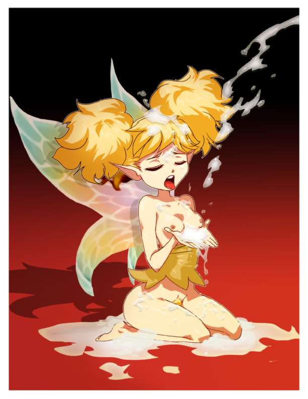 blonde_hair breasts closed_eyes cum cumshot daga dragon's_crown facial fairy female gradient_background minigirl nipples open_mouth pubic_hair sitting tied_hair tiki_(dragon's_crown) twintails wings