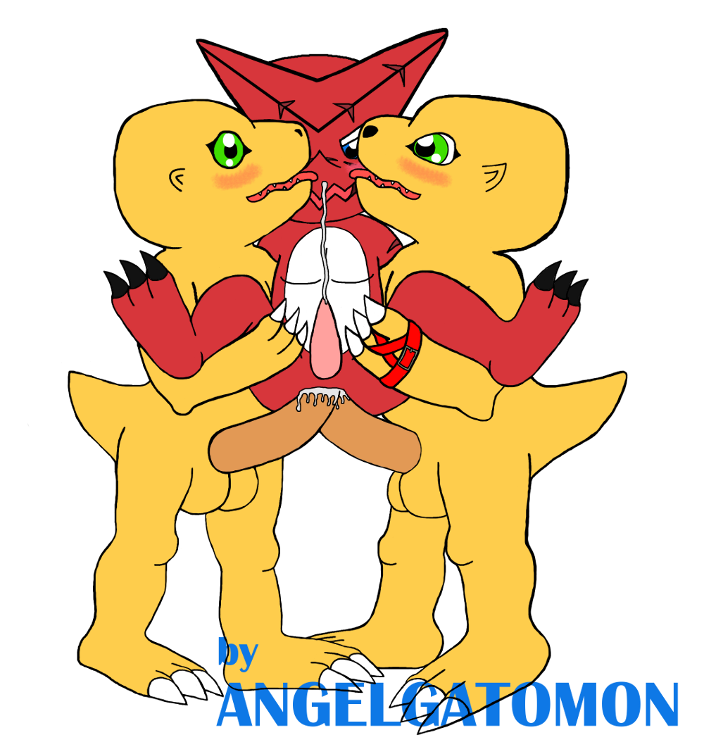 agumon anal anal_sex angelgatomon_(artist) balls blush cum cum_while_penetrated cumshot digimon erection licking licking_face looking_pleasured male male_only orgy penetration penis sex shoutmon trio yaoi