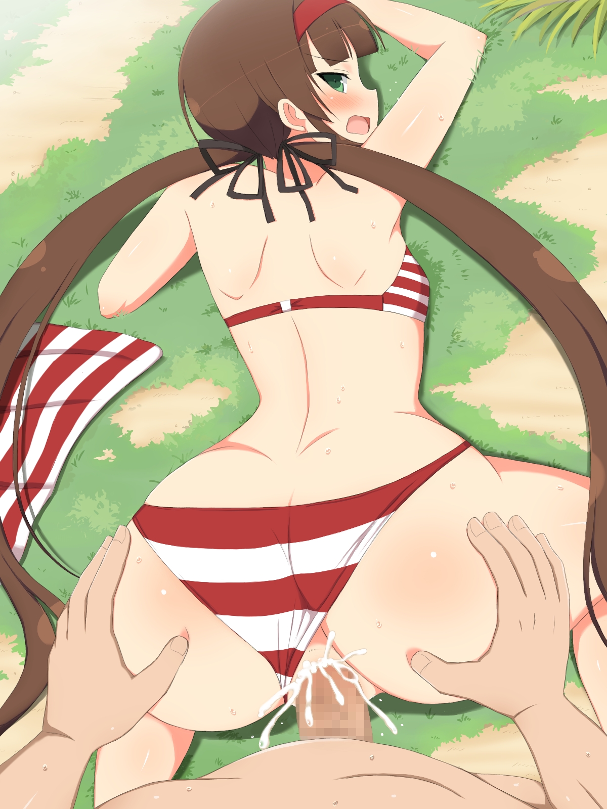 1boy, ass, ass cleavage, ass crack, ass grab, bikini, bikini aside, blunt bangs, blush, brown hair, butt crack, clothed female nude male, clothed sex, cum, cum in pussy, doggy style, female, flat chest, from behind, grass, green eyes, hair ornament, hair ribbon, hairband, heterochromia, long hair, looking at viewer, looking back, low twintails, male, moaning, nature, on ground, open mouth, outdoors, penis, pov, pov eye contact, profile, pussy, ryoubi (senran kagura), senran kagura, sex, sex from behind, skindentation, striped, striped bikini, sweat, swimsuit, top-down bottom-up, twintails, wavy mouth