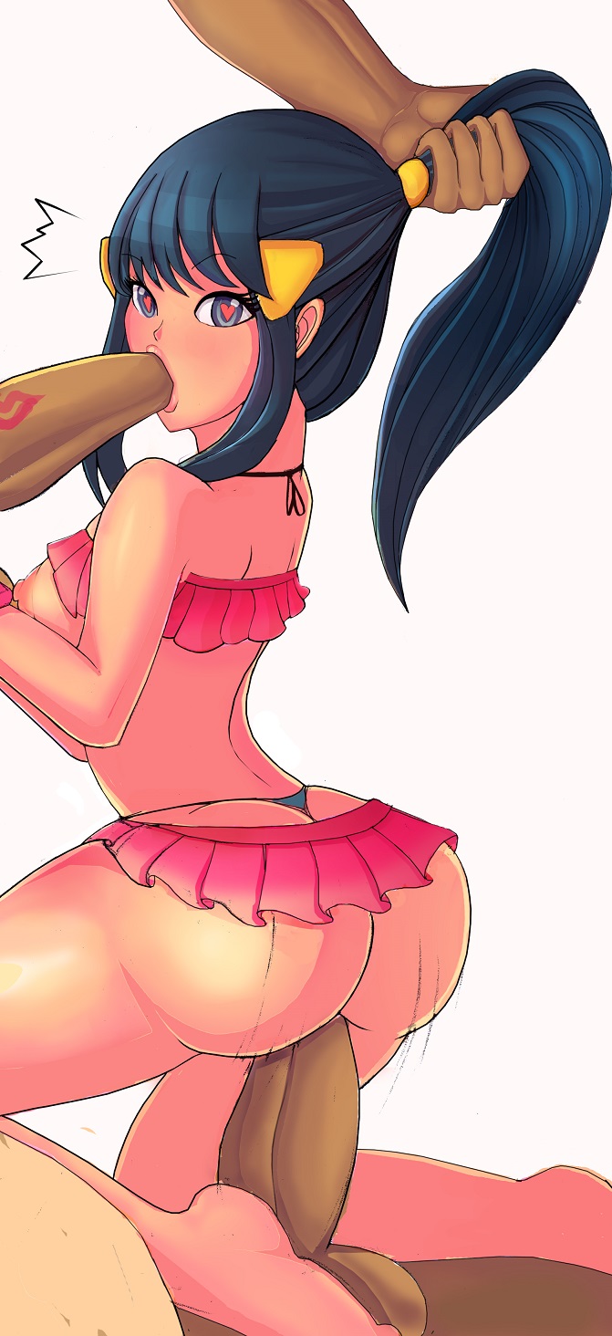 ass, bad id, balls, blue eyes, blue hair, breasts, dark skin, dark-skinned male, dawn (pokemon), double penetration, erection, fellatio, female, hair pull, heart-shaped pupils, huge ass, human, interracial, lipstick, long hair, looking back, male, microskirt, nintendo, nipples, open mouth, oral, penetration, penis, penis kiss, pokemon, pokemon dppt, pussy, revolverwingstudios, sex, spitroast, straight, swimsuit, testicles, thong, threesome, vaginal penetration, whale tail