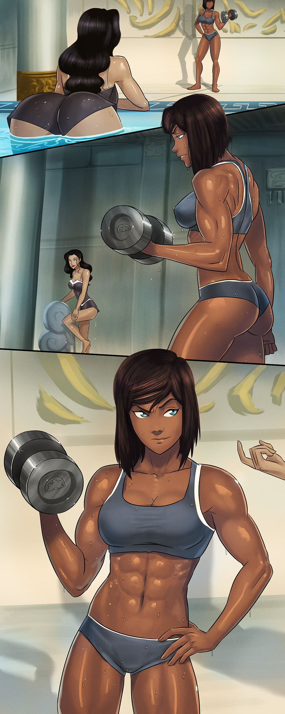 2girls, abs, asami sato, ass, avatar legends, bathing, blue eyes, bra, breasts, brown hair, bubble ass, bubble butt, canon couple, cleavage, come hither, dark skin, dark-skinned female, female, female only, green eyes, hand on hip, hourglass figure, human, imminent sex, inviting, korra, long hair, medium breasts, multiple females, muscles, muscular, muscular female, navel, one-piece swimsuit, pale skin, panties, short hair, shorts, sports bra, standing, straight hair, sunsetriders7, sweat, swimming pool, swimsuit, swimwear, the avatar, the legend of korra, water, water tribe