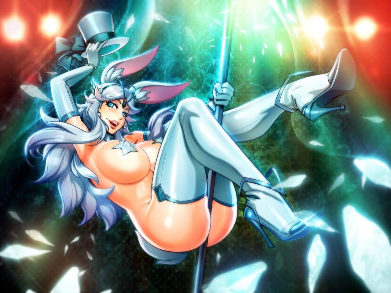1girls, animal, ass, blue eyes, breasts, bunny ears, bunny girl, bunny tail, busty, cleavage, ear, earrings, elbow gloves, female, gloves, hat, high heel boots, jewelry, large breasts, long hair, nipples, original, pasties, pole, pole dancing, reiq, silver hair, solo, sponty, star pasties, stripper pole, thighhighs, top hat, voluptuous, white hair