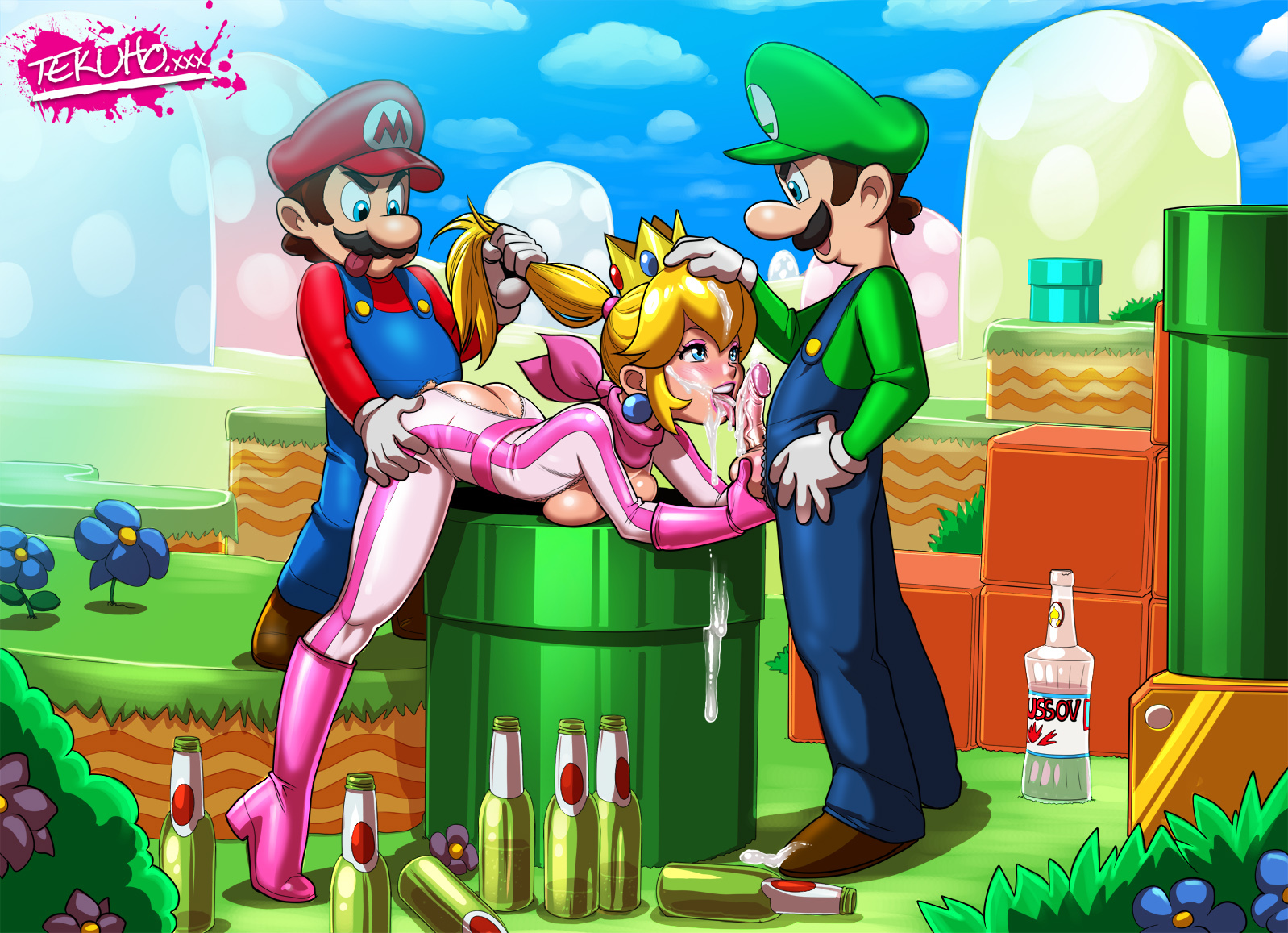 1girls, 2boys, ass, beer, bent over, blonde hair, blue eyes, bodysuit, boots, bottle, breast press, breasts, clothed, clothing, cum, cum on hair, cum on tongue, drunk, facial, fellatio, female, from behind, full body, gloves, hair grab, hair pull, high heels, human, licking, luigi, male, mario, mario (series), mario kart, mmf threesome, multiple boys, multiple males, nintendo, open mouth, oral, outdoors, penis, ponytail, ponytail hold, princess peach, sex, sky, smaller male, spitroast, standing, straight, tekuho, threesome, tied hair, tight clothing, tiptoes, tongue, tongue out