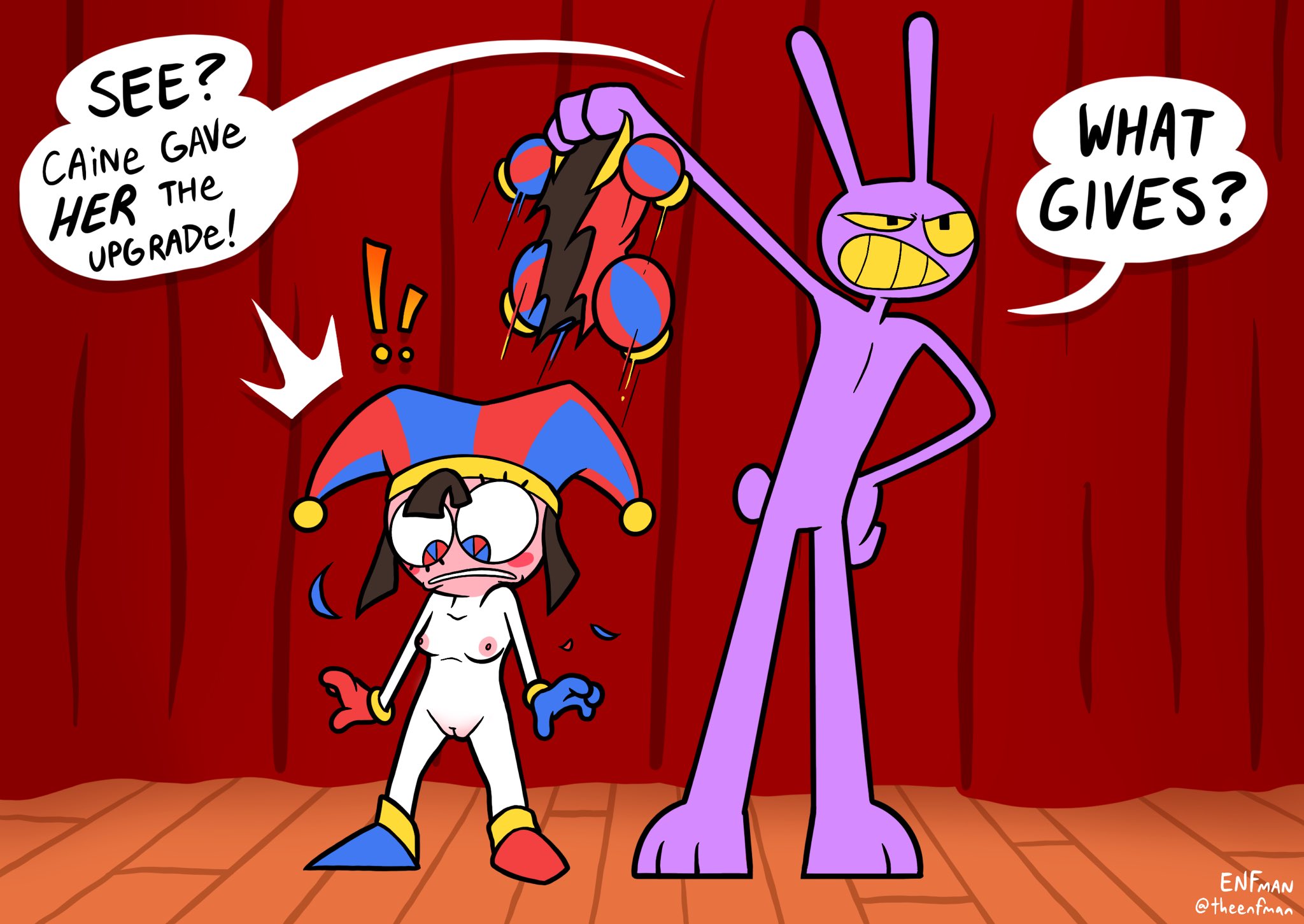 1boy, 1girls, breasts, embarrassed, embarrassed nude female, enf, featureless crotch, female, jax (the amazing digital circus), male, nude, nude female, nude male, petite, pomni (the amazing digital circus), pussy, tagme, the amazing digital circus, theenfman, torn clothes, vulva