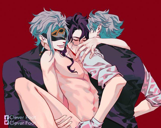 3boys, clone, dottore (genshin impact), gay, genshin impact, male, male only, male/male, pantalone (genshin impact), penetration, yaoi