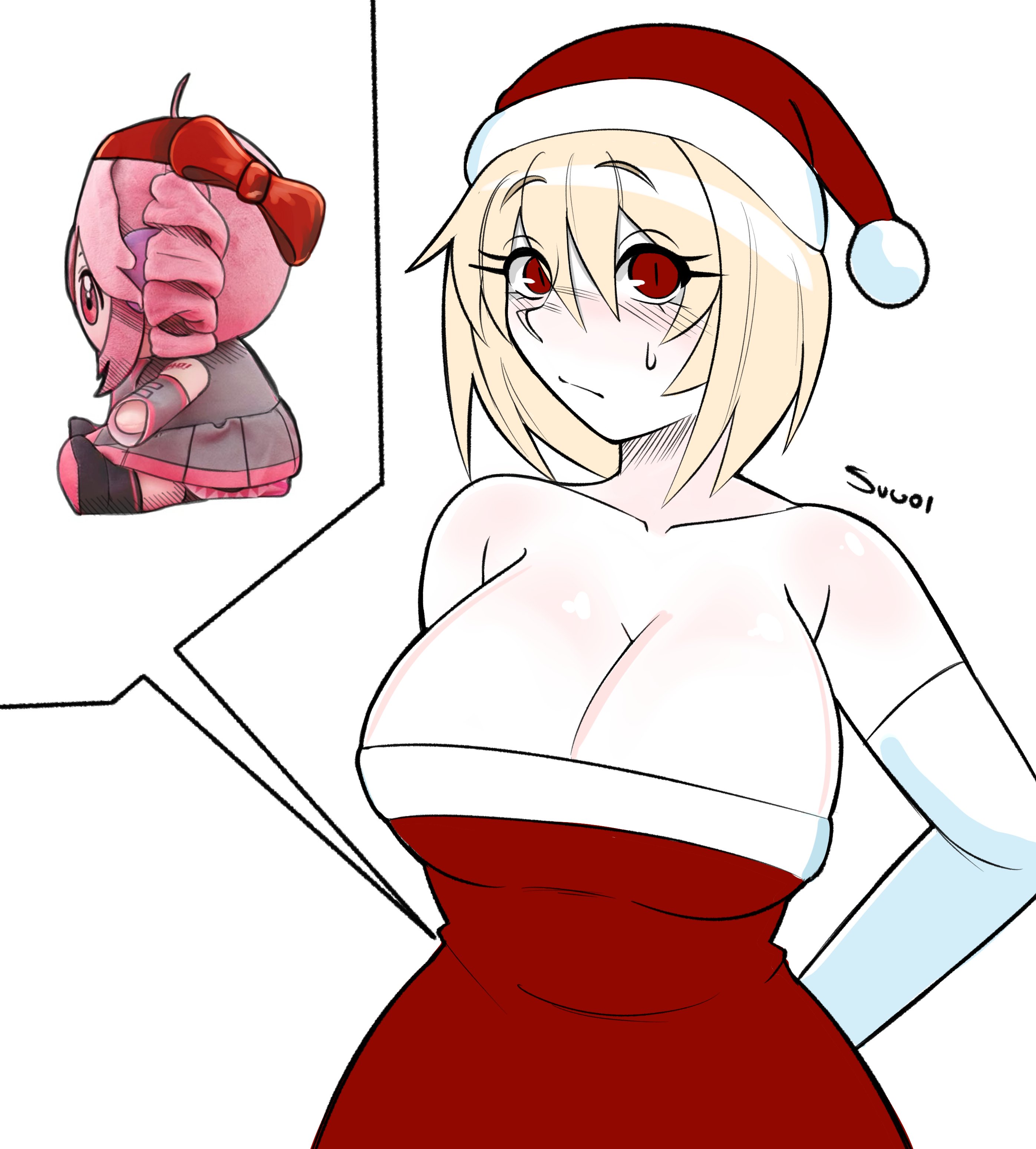 1girls, arcueid brunestud, arm behind back, bare shoulders, blonde hair, blush, breasts bigger than head, christmas, christmas outfit, cleavage, elbow gloves, female, huge breasts, kasane teto, large breasts, red eyes, santa costume, santa dress, santa hat, short hair, solo focus, stuffed toy, sugoiiii , tsukihime, white gloves, wide hips