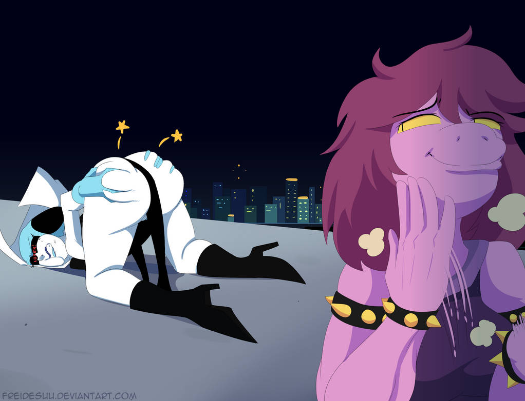 2024, 2girls, anthro, ass, ass grab, ass up, big ass, boots, defeated, deltarune, deviantart username, freidesuu, heel boots, humiliation, leotard, leotard pull, looking back, motion lines, purple hair, purple scales, pussy, pussy peek, queen (deltarune), robot, robot girl, scalie, smug, star, susie (deltarune), sweat, sweatdrop, tagme, thighs, top-down bottom-up, watermark, wedgie, wince, yellow eyes