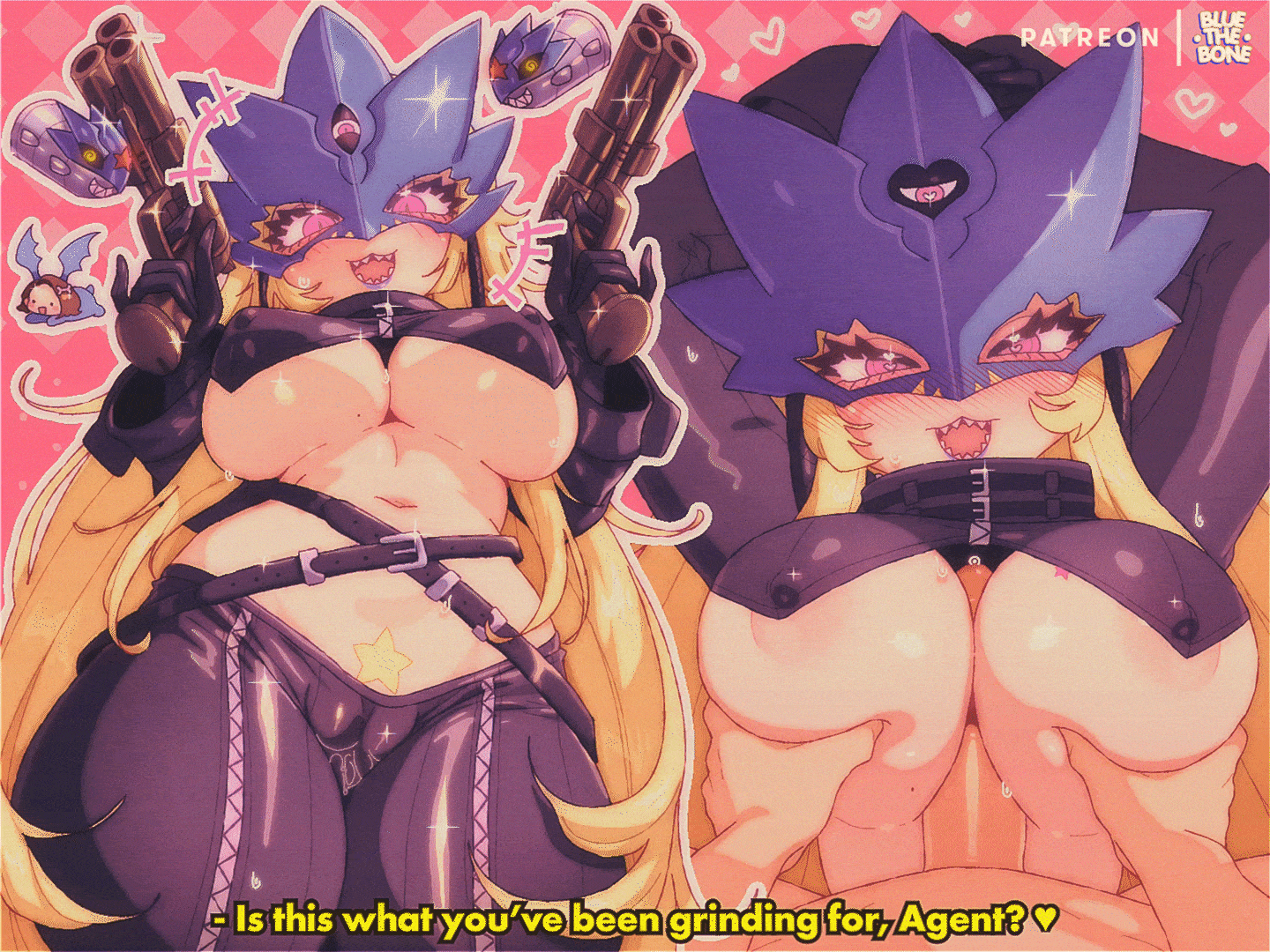 4:3, animated, arms behind head, beelstarmon, belt, black gloves, black pants, blonde hair, bluethebone, breast grab, breasts, commentary, digimon, digimon (creature), digimon story: time stranger, english commentary, eye mask, female, from below, gif, gloves, gun, heart, heart-shaped pupils, holding, holding gun, holding weapon, large breasts, leather, long hair, mask, navel, paizuri, paizuri under clothes, pants, subtitled, symbol-shaped pupils, third eye, underboob, weapon