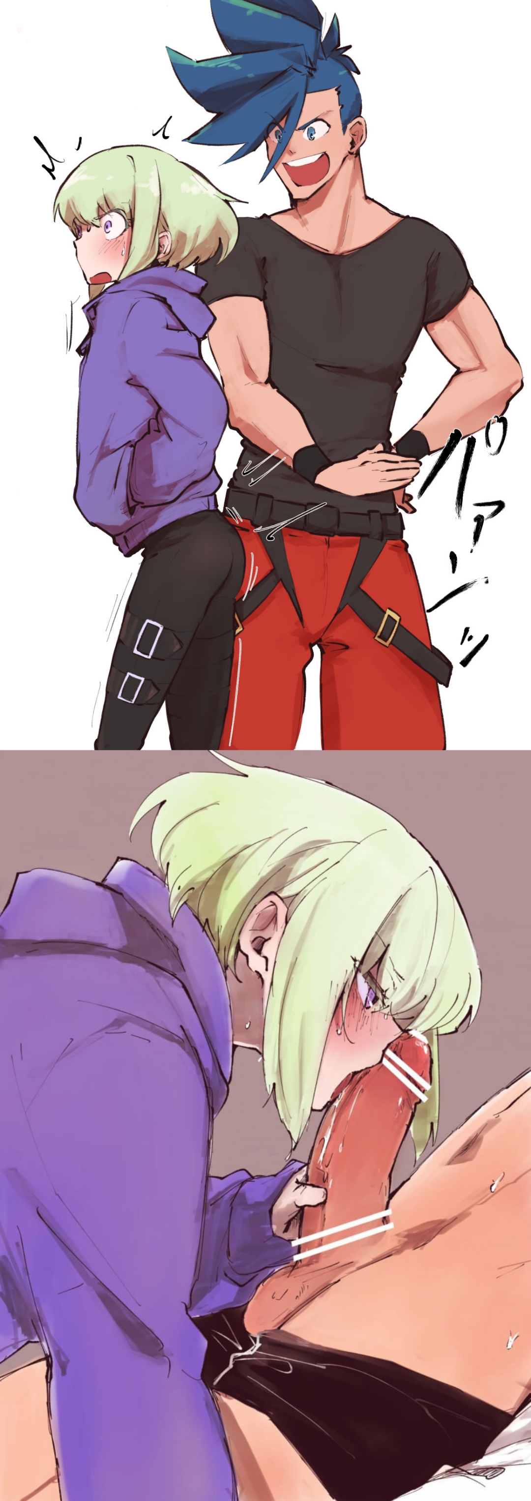 2boys, androgynous, ass slap, aus vaka, blush, blushing, bob cut, boxers (clothing), censor bar, censored, censored penis, clothed, clothing, embarrassed, femboy, fully clothed, galo thymos, gay, gay sex, grabbing penis, hoodie, licking penis, lio fotia, male, oral, oral sex, penis, petite, petite body, petite male, promare, short hair, size difference, slapping ass, slapping butt, slim, slim male, slim waist, twink, yaoi