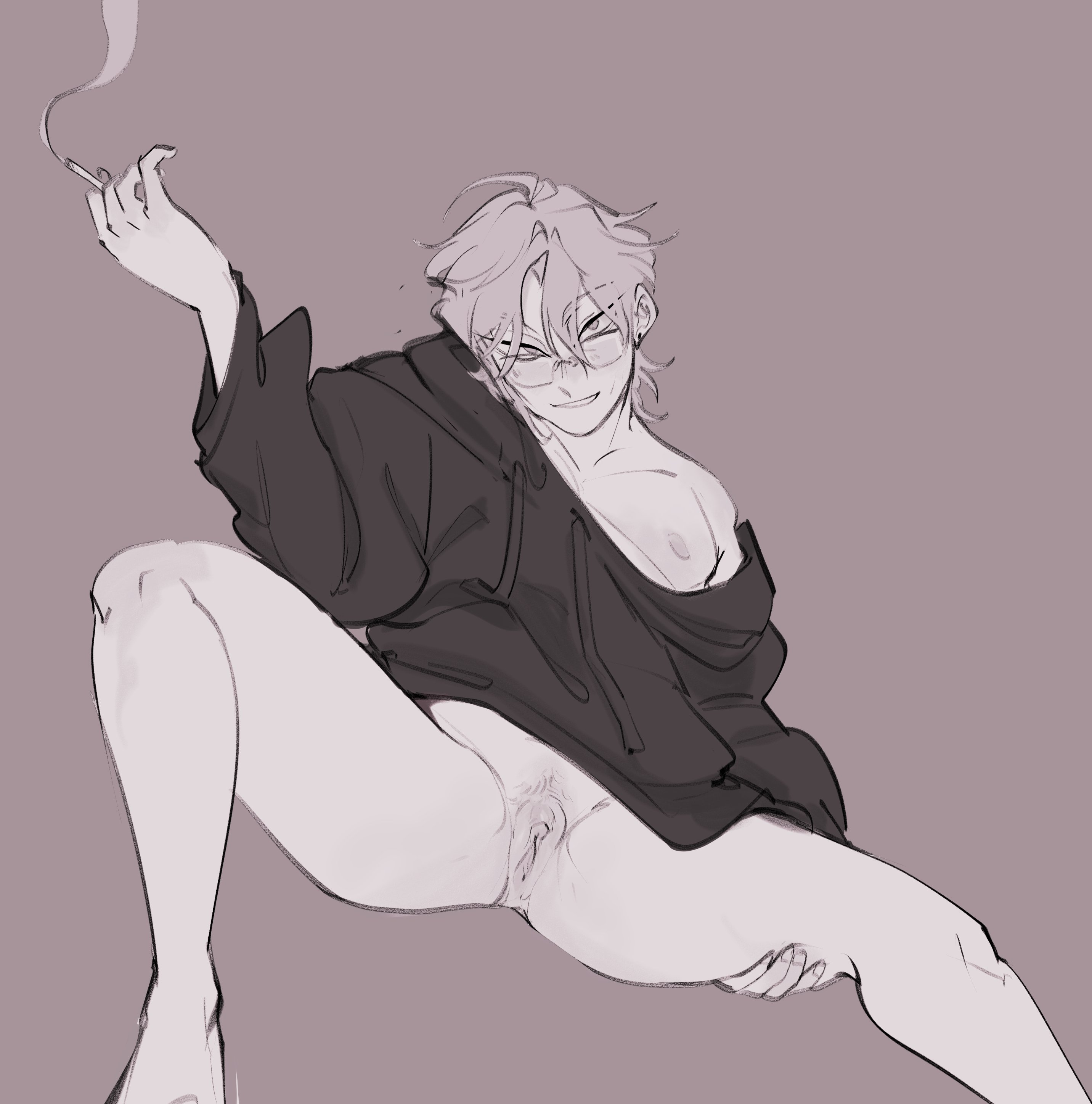 alien stage, apostasini, boypussy, clitoris, confident, cuntboy, gay, male, male only, nipples, older male, pussy, short hair, smoking, spread legs, spread pussy, teasing, till (alien stage), yaoi