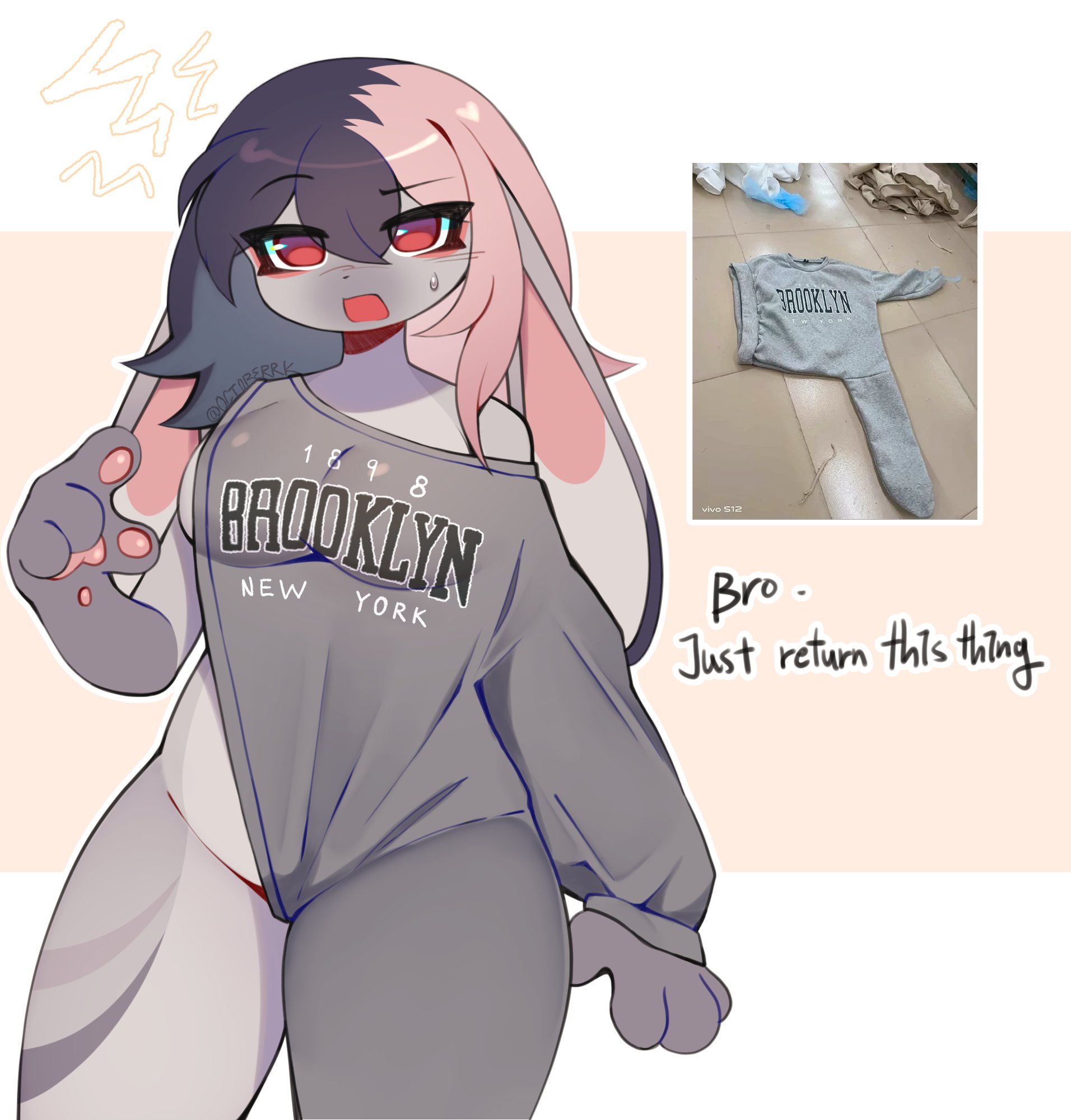 brooklyn sweater, female, meme attire, no bra, no panties, octoberrk, solo