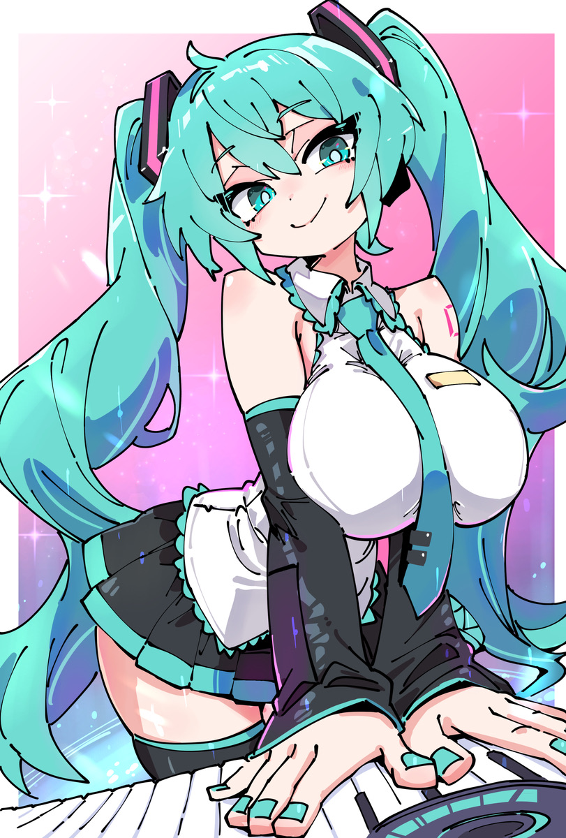 1girl, 1girls, alternate breast size, aqua eyes, aqua hair, aqua nails, aqua necktie, artist request, bare shoulders, big breasts, black skirt, blue, breasts, cyan eyes, cyan hair, detached sleeves, feet up, green eyes, green hair, hatsune miku, huge breasts, huge thighs, instrument, large breasts, long hair, looking at viewer, nail polish, nails, necktie, piano, pink background, pleated skirt, skirt, smile, solo, thighhighs, thighs, tie, twintails, very long hair, vocaloid