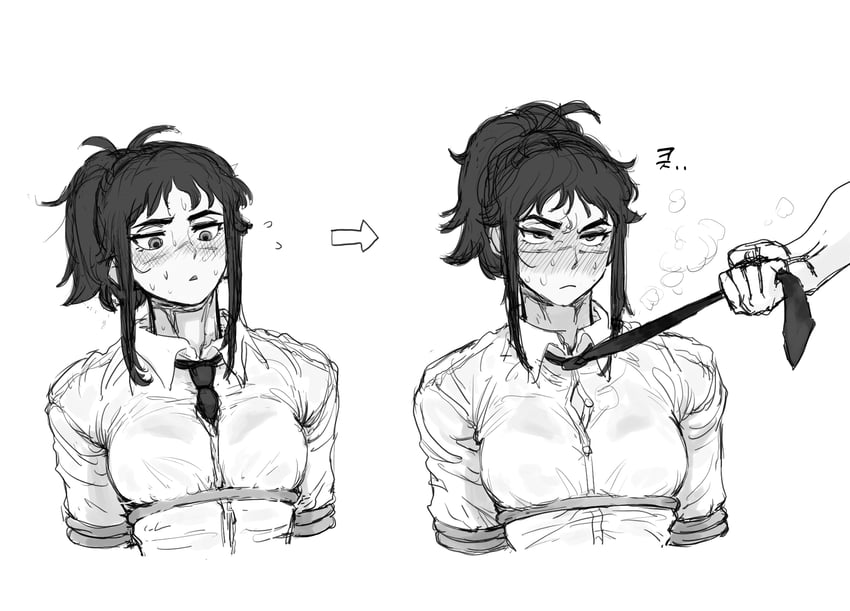 1girls, 1other, annoyed, between breasts, blush, bondage, bound, breasts, chainsaw man, clothed, clothed female, clothes grab, clothes pull, collared shirt, female, grayscale, greyscale, long sleeves, medium breasts, monochrome, multiple views, necktie, necktie between breasts, necktie grab, necktie pull, neckwear, neckwear between breasts, neckwear grab, oladohamm, ponytail, shirt, sidelocks, simple background, suit, suit and tie, sweat, sweating, sweaty, tendou michiko, tie, tie between breasts, tie pull, uniform, very sweaty, wet, wet clothes, wet clothing, wet shirt