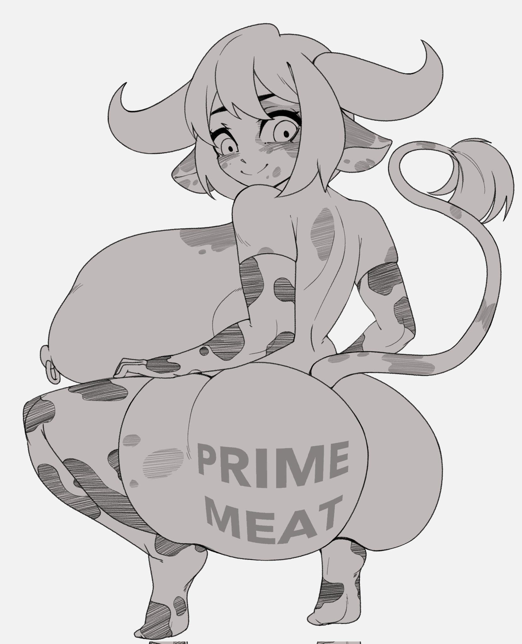 animal ears, black and white, branded, branding mark, cow ears, cow girl, cow horns, cow print, cow tail, dark skin, dark-skinned female, human livestock, large ass, large breasts, nipple piercing, shortstack, silvy sharpbrim, squatting, strongmoist, women livestock