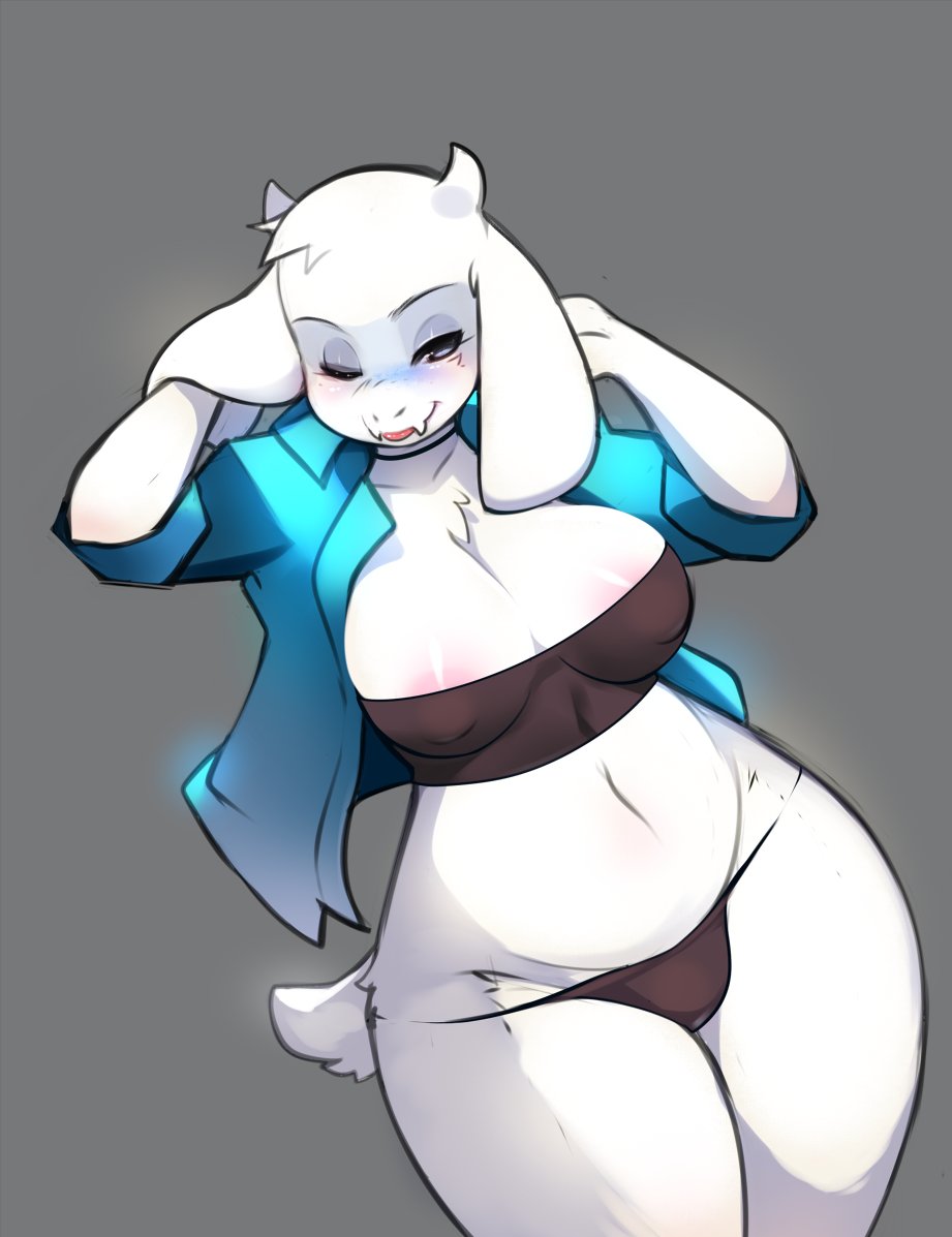 anthro, areola, areola slip, blush, boss monster (undertale), bovid, breasts, caprine, clothed, clothing, curvy figure, digital media (artwork), female, fur, grey background, horn, jacket, mammal, navel, nipple outline, one eye closed, simple background, solo, thick thighs, topwear, toriel, tsampikos, undertale, undertale (series), voluptuous, white body, white fur, wide hipped female, wide hips
