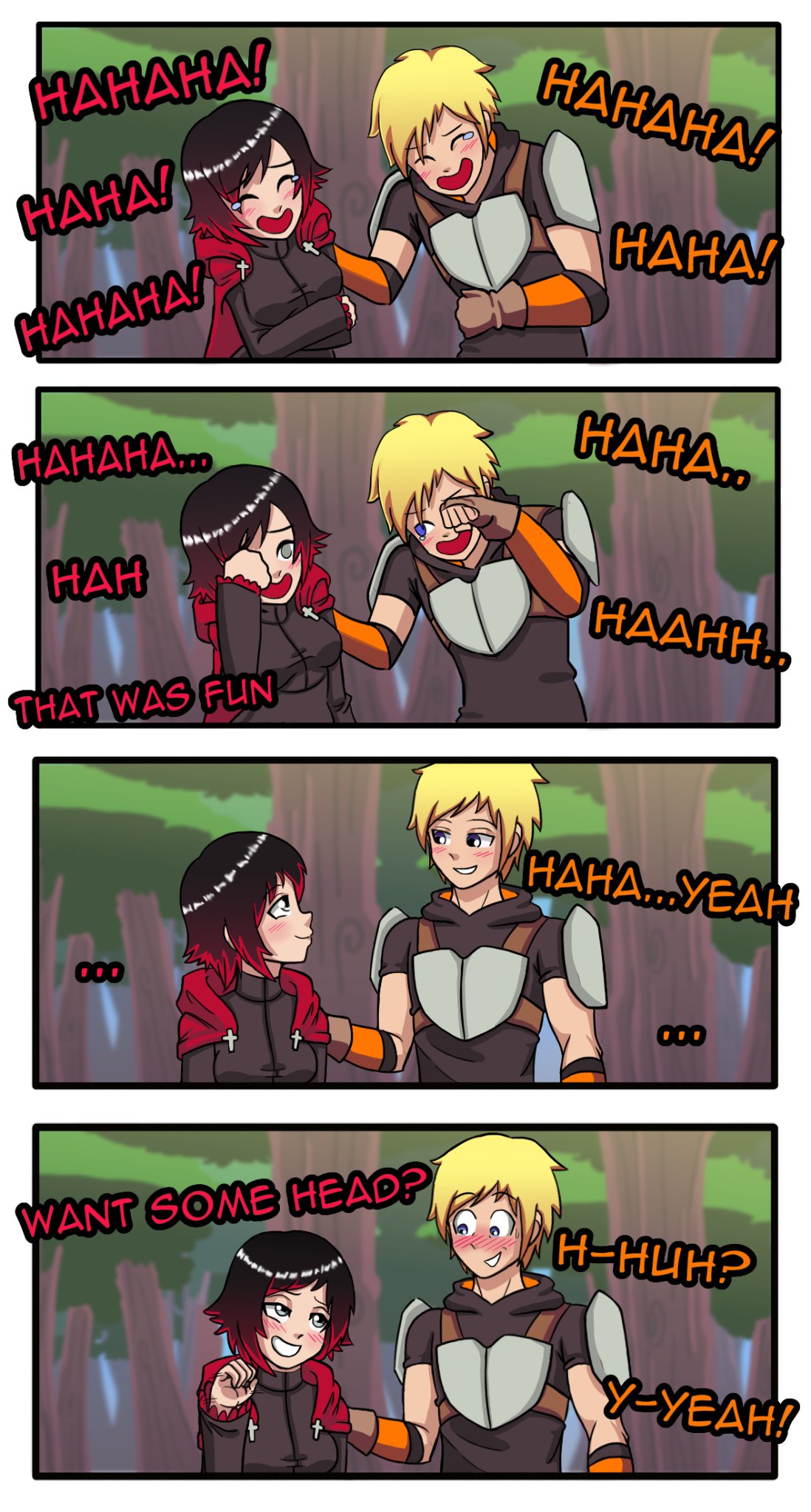 1boy, 1boy1girl, armor, armor plates, black and red hair, blonde hair, blonde male, blonde-haired male, blowjob gesture, blue eyes, blush, blush lines, bruntgonewrong, bush, bushes, cape, cloak, comic, comic page, duo, english, english dialogue, english text, female, flirting, forest, forest background, hoodie, imminent fellatio, imminent oral, imminent sex, invitation, inviting to sex, jaune arc, light skin, light-skinned female, light-skinned male, red hair, redhead female, rooster teeth, ruby rose, rwby, silver eyes, suggestive text, tree, trees, viz media
