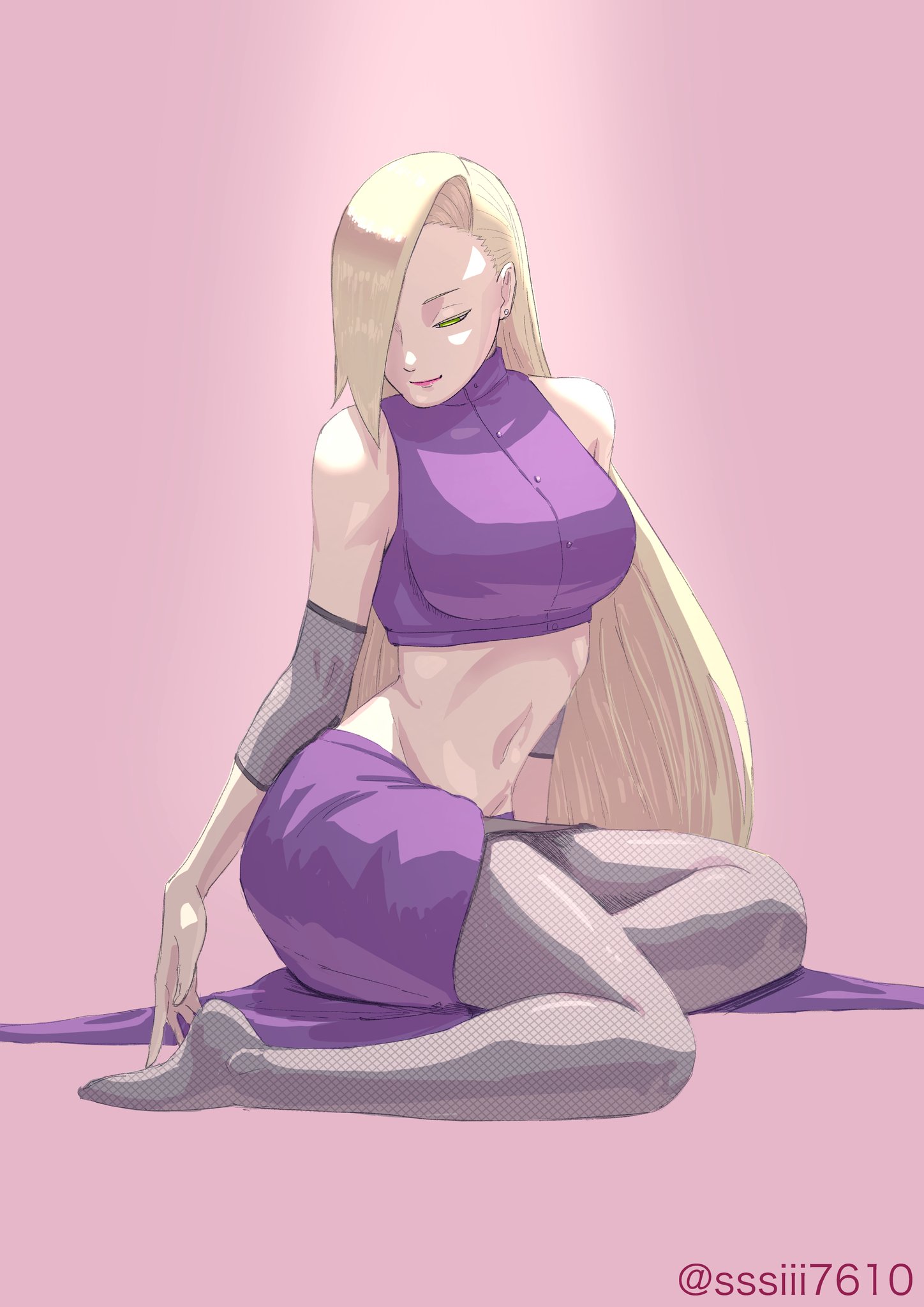 1girls, bare shoulders, blonde hair, breasts, cropped vest, elbow sleeve, female, fishnet pantyhose, fishnet sleeves, fishnets, full body, green eyes, hair over one eye, half-closed eyes, highres, ino yamanaka, large breasts, long hair, midriff, naruto, naruto (series), naruto: the last, navel, no shoes, pantyhose, pink background, purple skirt, purple vest, sitting, skirt, solo, sssiii7610, sssiii76102, swept bangs, twitter username, vest