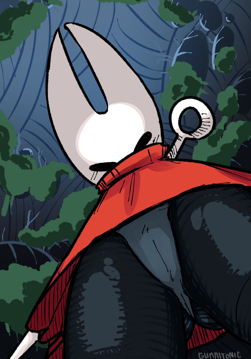 1girls, 2d, 2d (artwork), artist name, gummitonic, hollow knight, hollow knight: silksong, hornet (hollow knight), legs, looking down at viewer, low angle view, panties, tagme, upskirt view