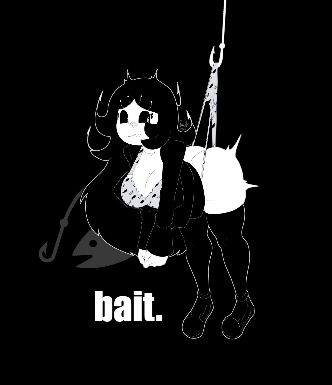 1girls, 2025, ass, bait-chan, black hair, black sclera, blush, bra, breasts, cleavage, english text, fish hook, freidesuu, grey bra, grey panties, hanging wedgie, long hair, looking back, mary janes, no pants, panties, panty pull, print bra, print panties, shoes, suspension, tagme, text, thighhighs, thighs, watermark, wedgie, white eyes, white skin