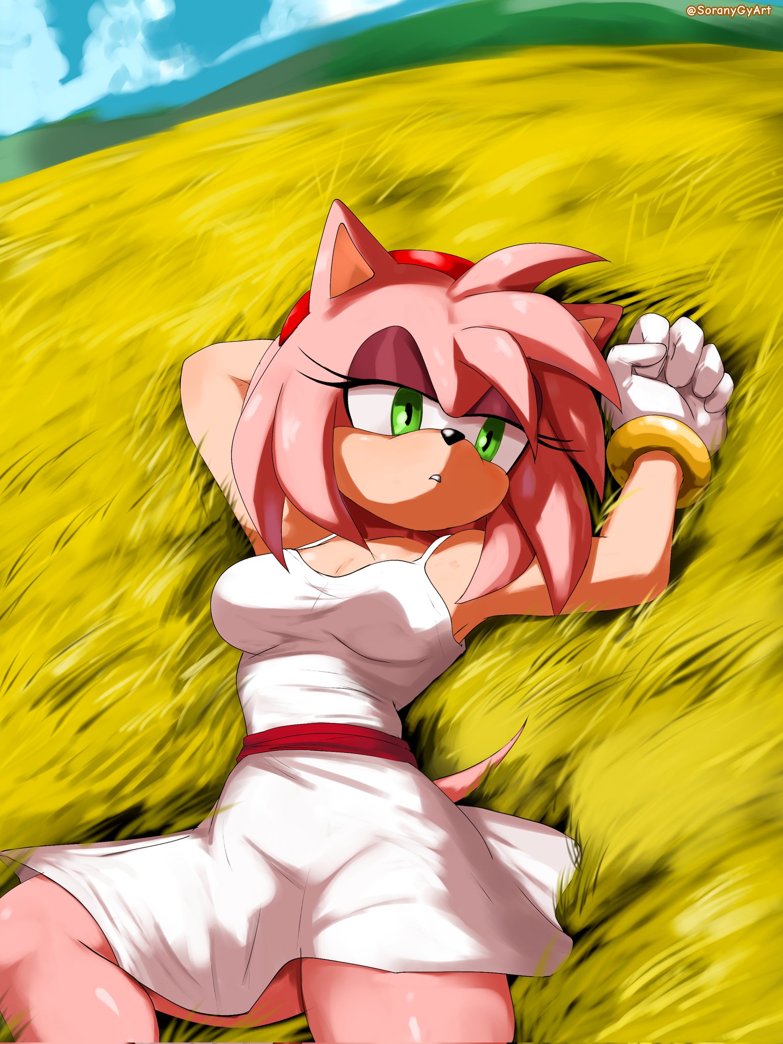 2d, 2d (artwork), amy rose, big breasts, diadem, eyelashes, eyeshadow, gloves, green eyes, half-closed eyes, hill, hourglass figure, hourglass figured female, lying on ground, pink fur, sega, sonic (series), sonic the hedgehog (series), soranygy, thin waist, white dress