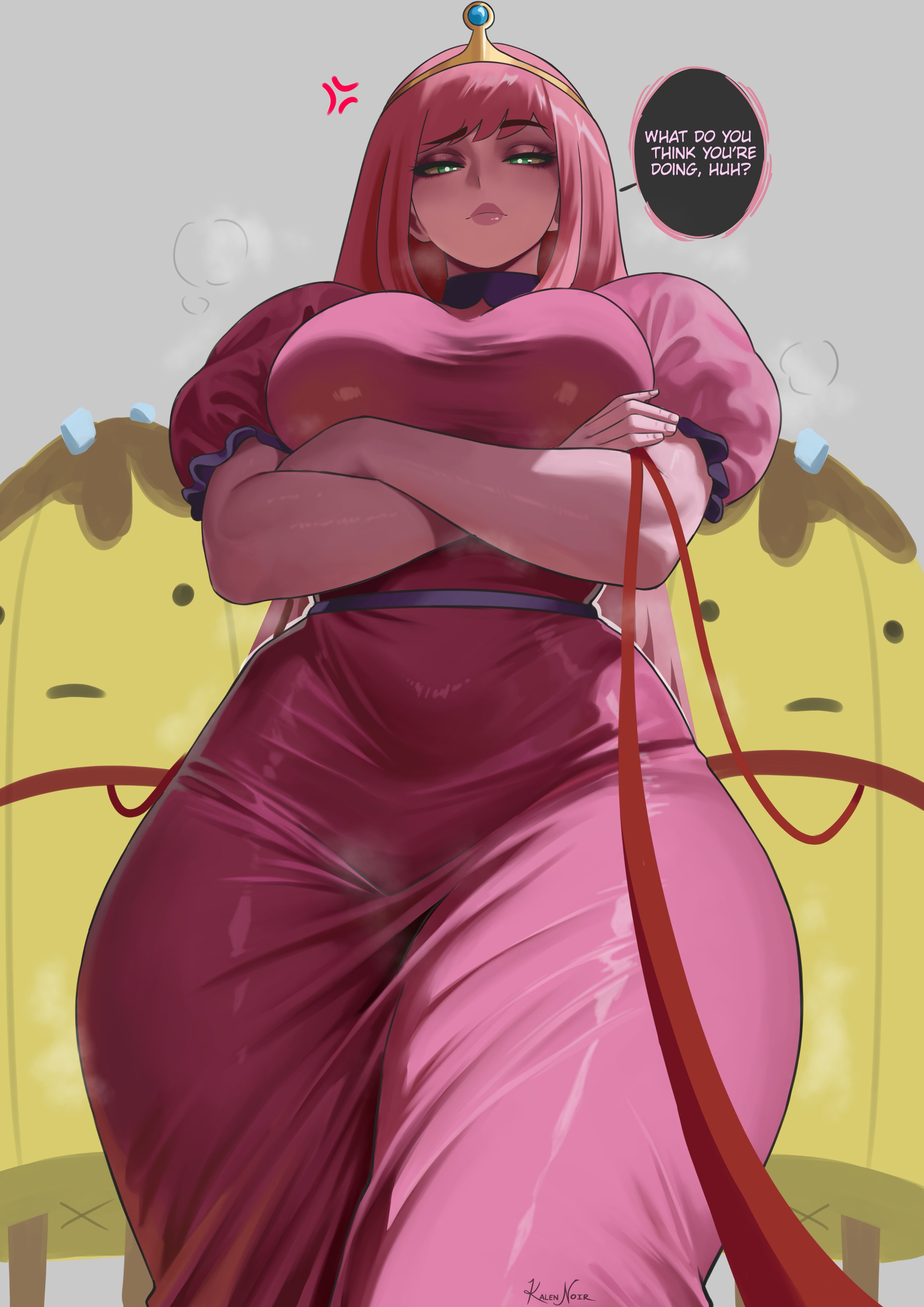 1girls, adventure time, annoyed, annoyed expression, banana guard, big breasts, bonnibel bubblegum, breasts, cartoon network, dominant, dominant female, domination, female, female focus, femdom, kalennoir, large boobs, large breasts, leash and collar, leashed pov, long hair, long hair female, pink hair, pink hair female, pink skin, pink skinned female, pov, princess bonnibel bubblegum, princess bubblegum, sentient food, submissive pov, thick thighs, thighs, worm's-eye view