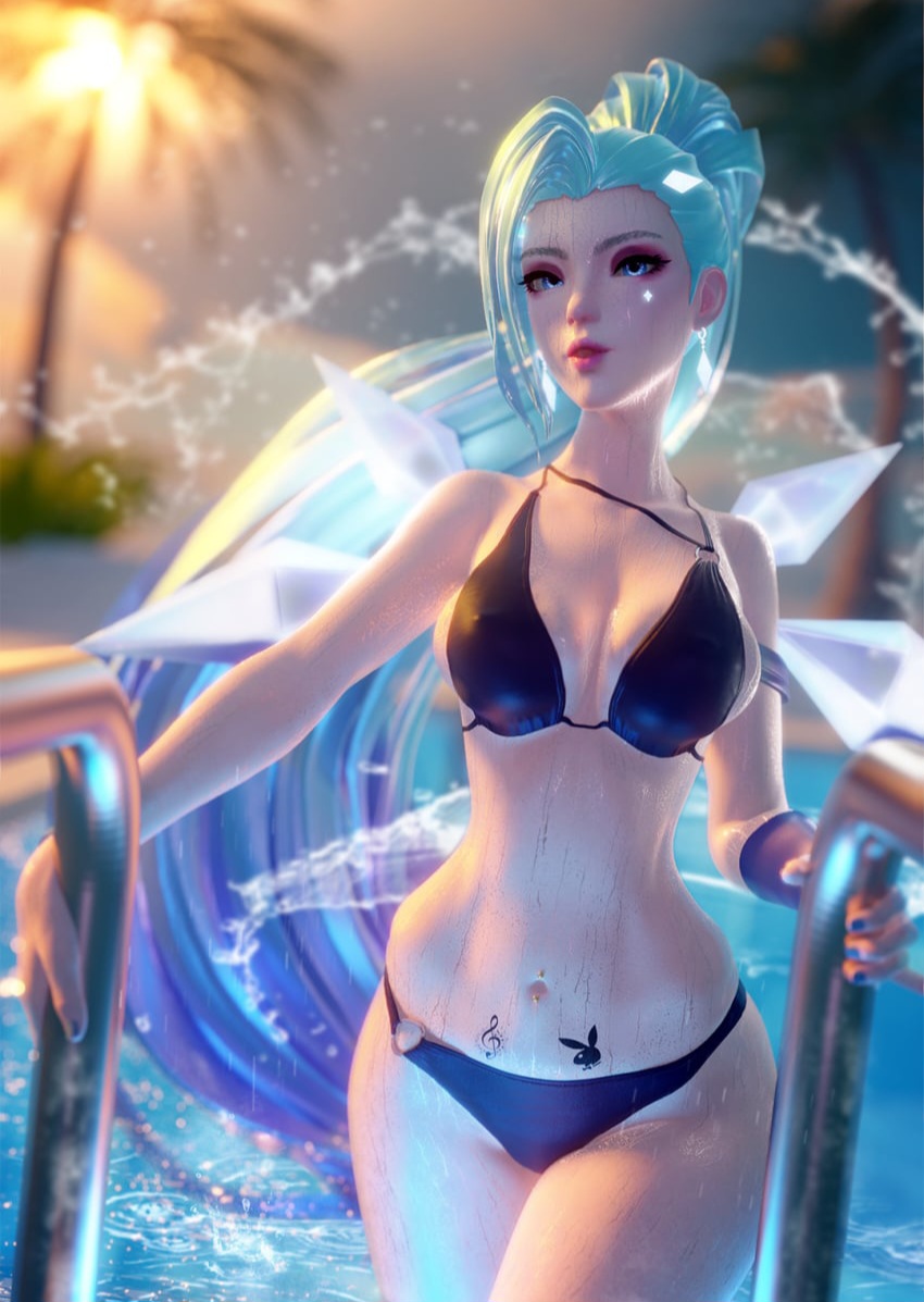 1girls, aqua hair, asian, bikini, blue eyes, blue hair, k/da all out seraphine, k/da all out series, kinkykatt3d, league of legends, seraphine (league of legends)