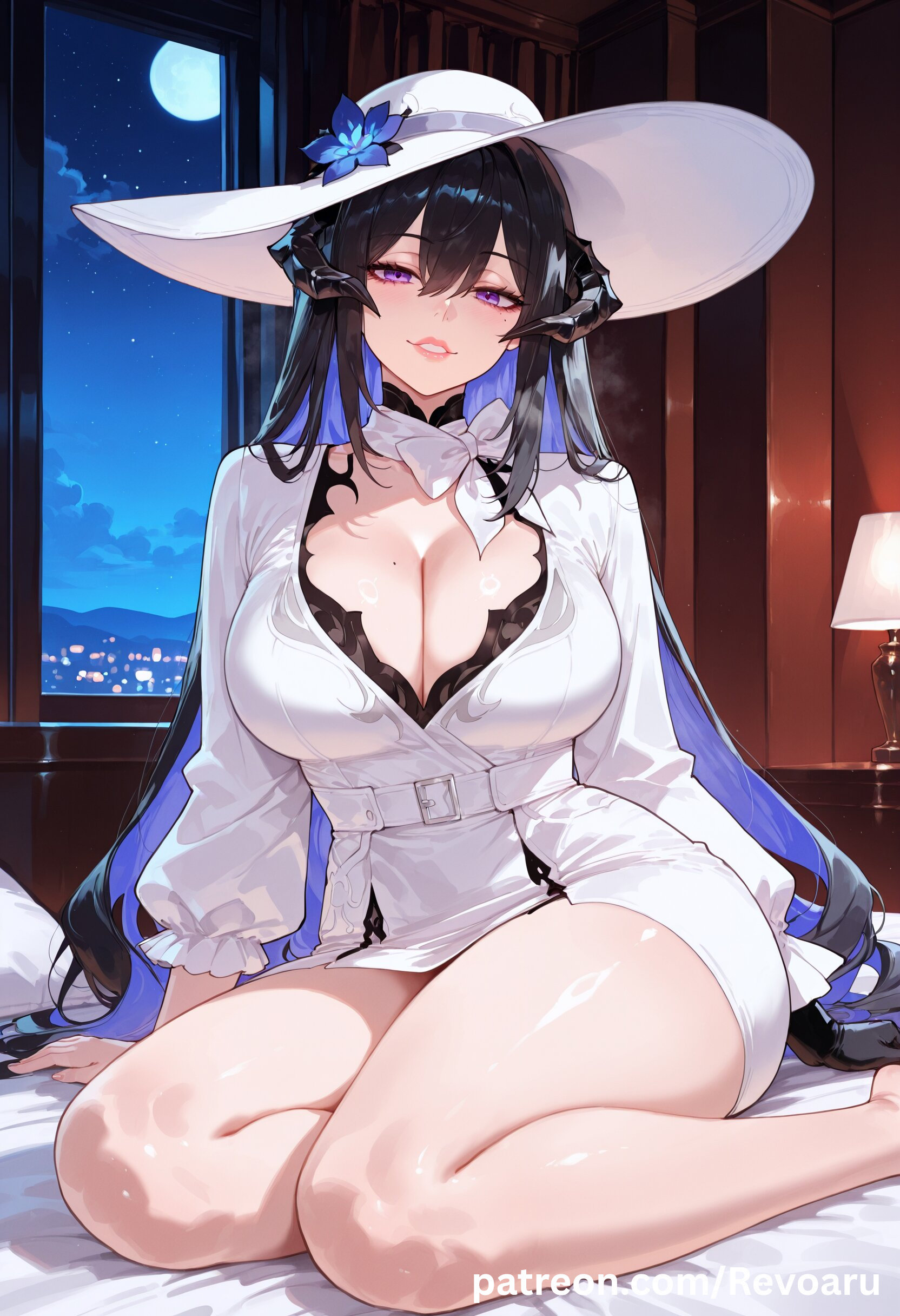 ai generated, big breasts, black hair, breasts, constance (honkai: star rail), female, female only, honkai (series), honkai: star rail, hoyoverse, huge breasts, mature, mature female, quality, revoaru, solo, the dahlia (honkai: star rail), thick thighs, thighs, white dress