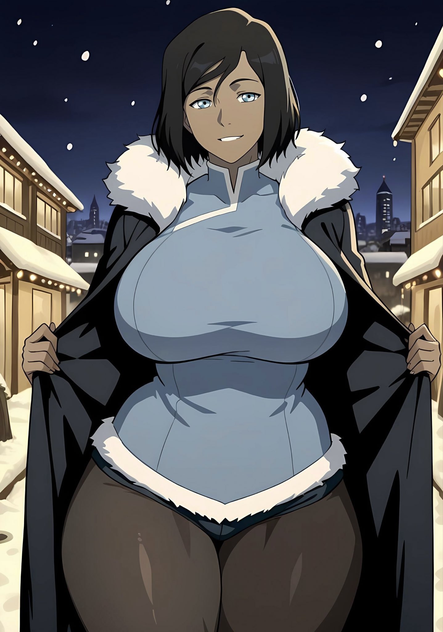aged up, ai generated, avatar the last airbender, ayyaai, blue eyes, brown-skinned female, dark-skinned female, korra, mature female, milf, pose, posing, short hair, smile, smiling at viewer, the legend of korra