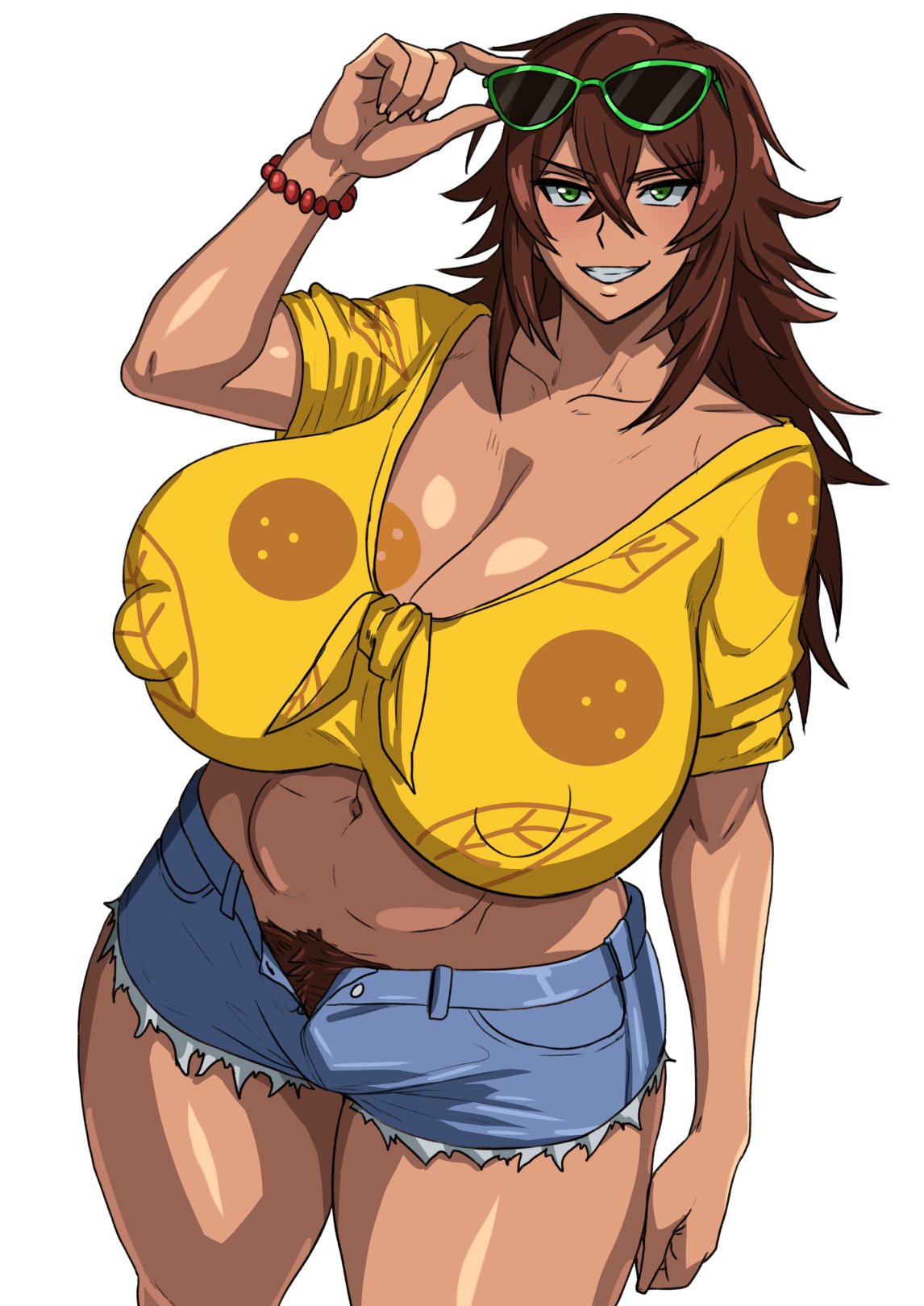 1girls, birthmark, birthmark on breasts, bracelet, breasts, breasts bigger than head, brown hair, bushy pubes, camila (investorinlewds), cleavage, clothed, dark skin, dark-skinned female, duo kawa, female, green eyes, hairy pussy, huge breasts, long hair, looking at viewer, nipple bulge, pubic hair, pubic hair peek, shirt, short shorts, shorts, smile, smiling, solo, solo female, sunglasses, sunglasses on head, thick nipples, thick thighs, tied shirt, white background, wide hips
