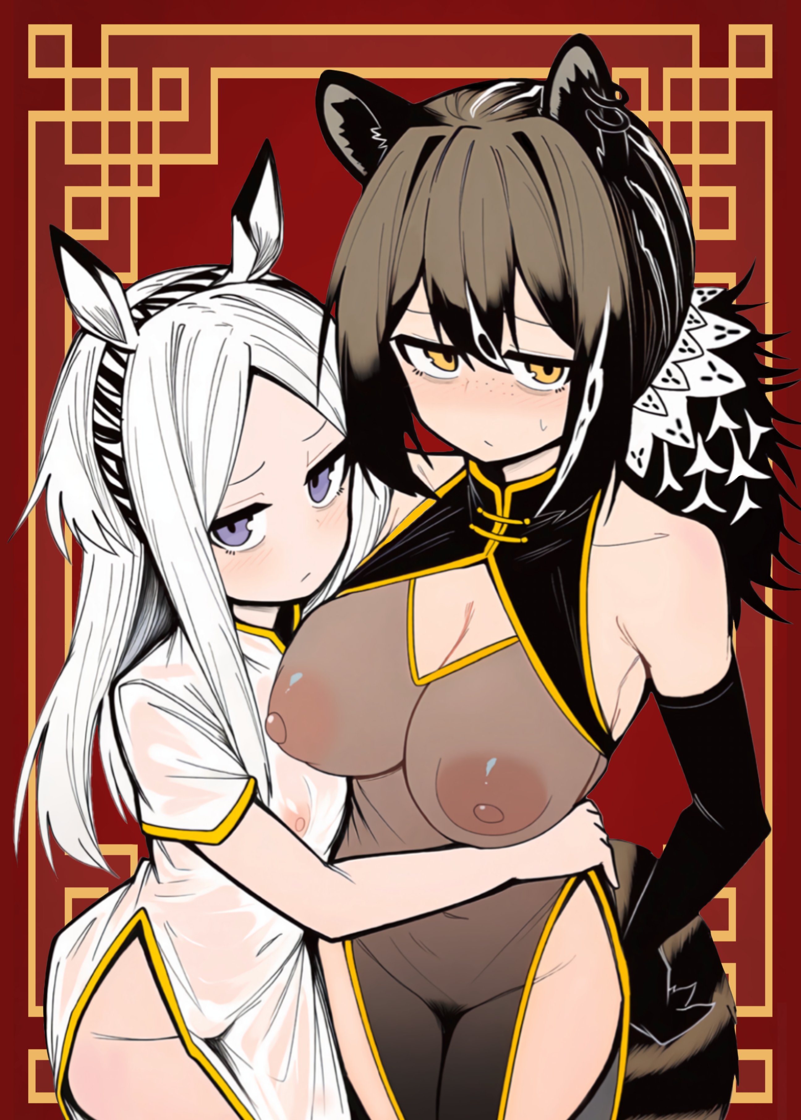 2girls, animal ears, arknights, chinese clothes, female, female only, heavyrain (arknights), makigirisu, robin (arknights), see-through