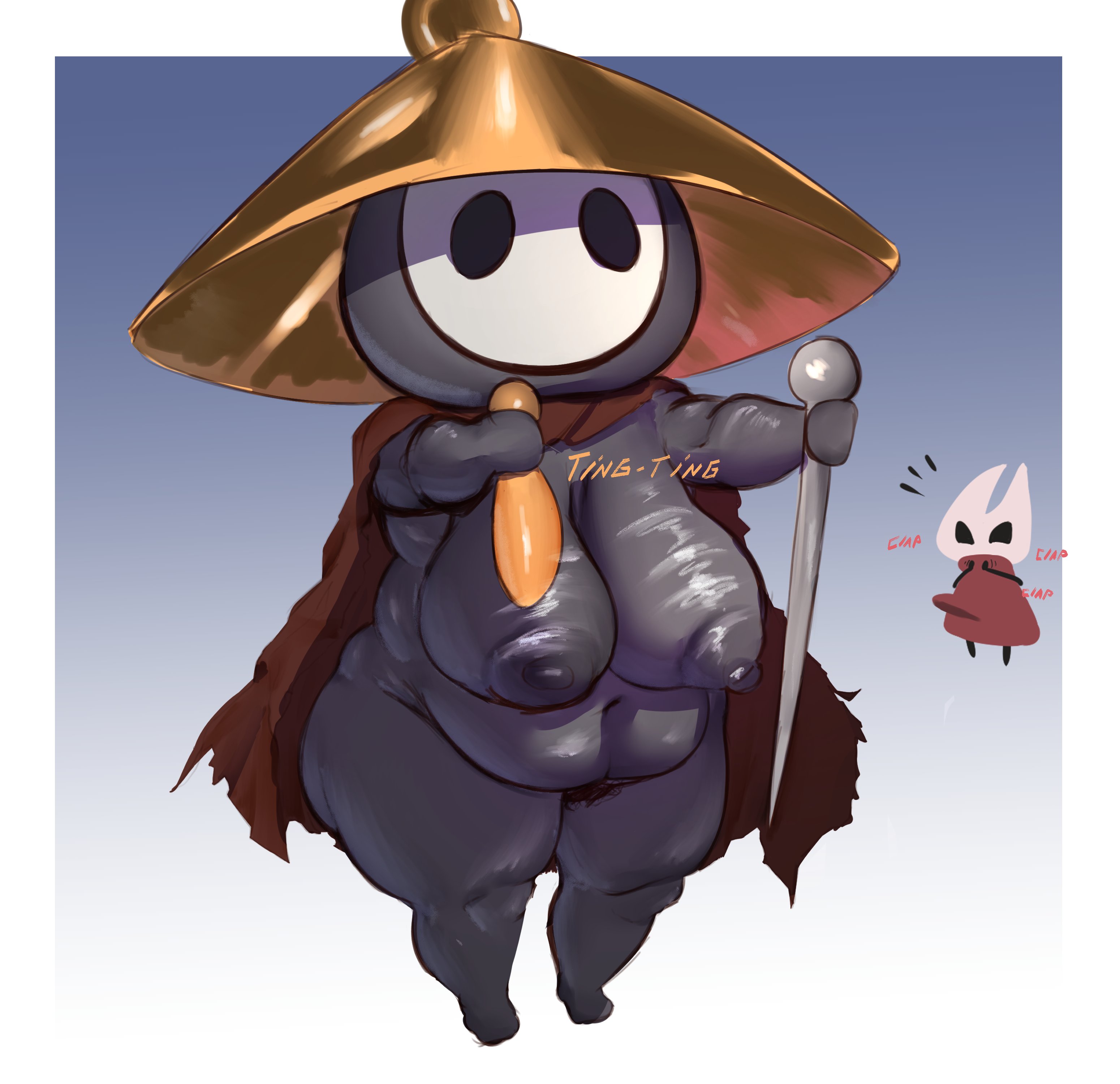 1futa, 1girls, anthro, anthro female, areola, areolae, big breasts, black areola, black areolae, black body, black skin, breasts, cape, chubby, chubby female, erection under clothes, female, female focus, full body, futanari, hat, holding object, hollow knight, hollow knight: silksong, hornet (hollow knight), huge boobs, huge breasts, insect girl, insect humanoid, insects, kinddegenerate, nipples, red cape, rule 63, sagging breasts, sherma (hollow knight), shortstack, slightly chubby, team cherry, thick thighs, thighs
