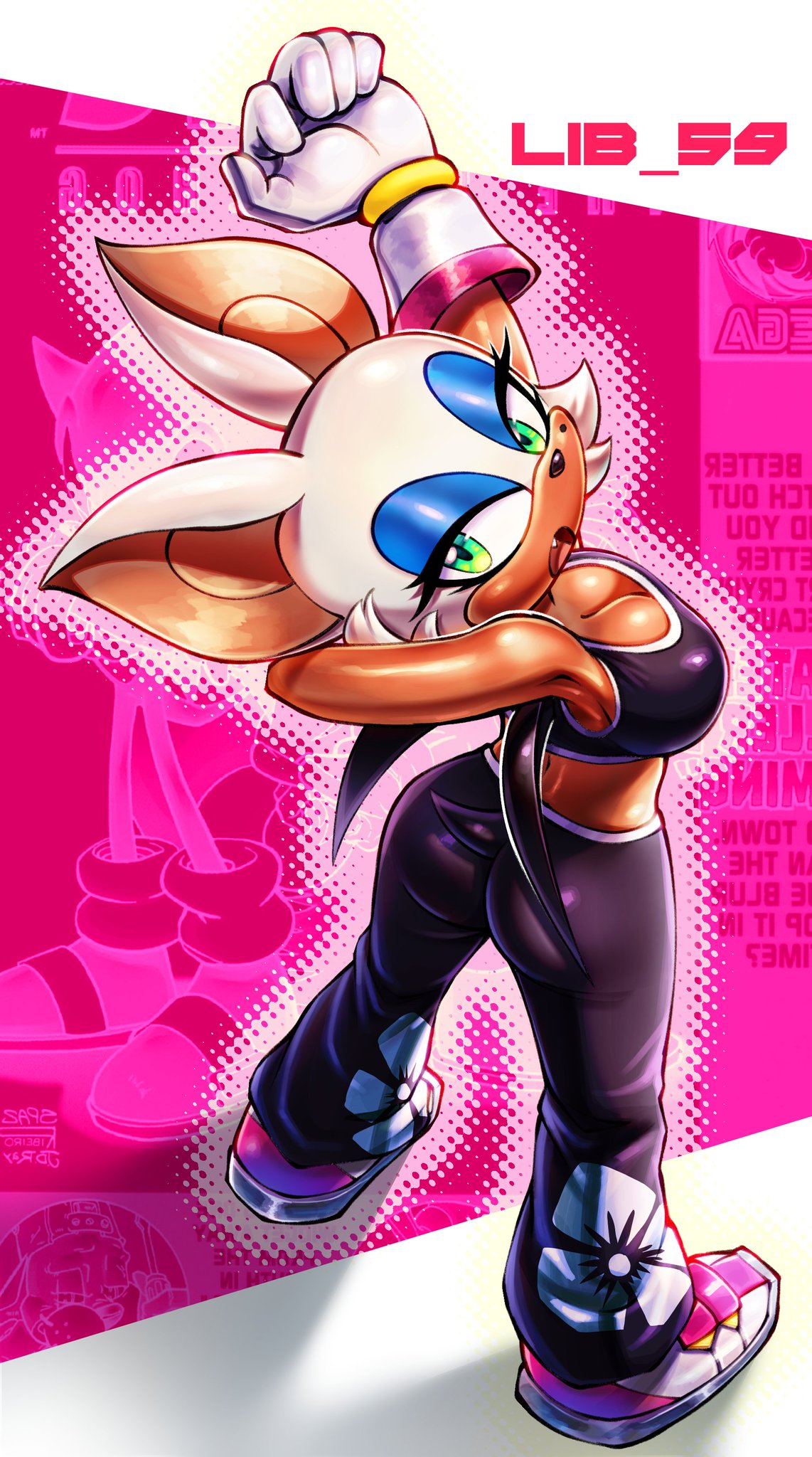 2d, 2d (artwork), 2d artwork, barely contained, barely contained breasts, barely fits, bat ears, bat wings, big breasts, blue eyeshadow, bracelets, bursting breasts, busty, busty female, cleavage, dark-skinned female, fangs, gloves, green eyes, hourglass figure, hourglass figured female, juicy ass, juicy breasts, juicy butt, lib 100, lib 59, open mouth, rouge the bat, rouge the bat (riders), sega, shoes, sonic (series), sonic riders, sonic the hedgehog (series), sports bra, sportswear, stretching, thick ass, thin waist, tight clothes, tight clothing, white fur