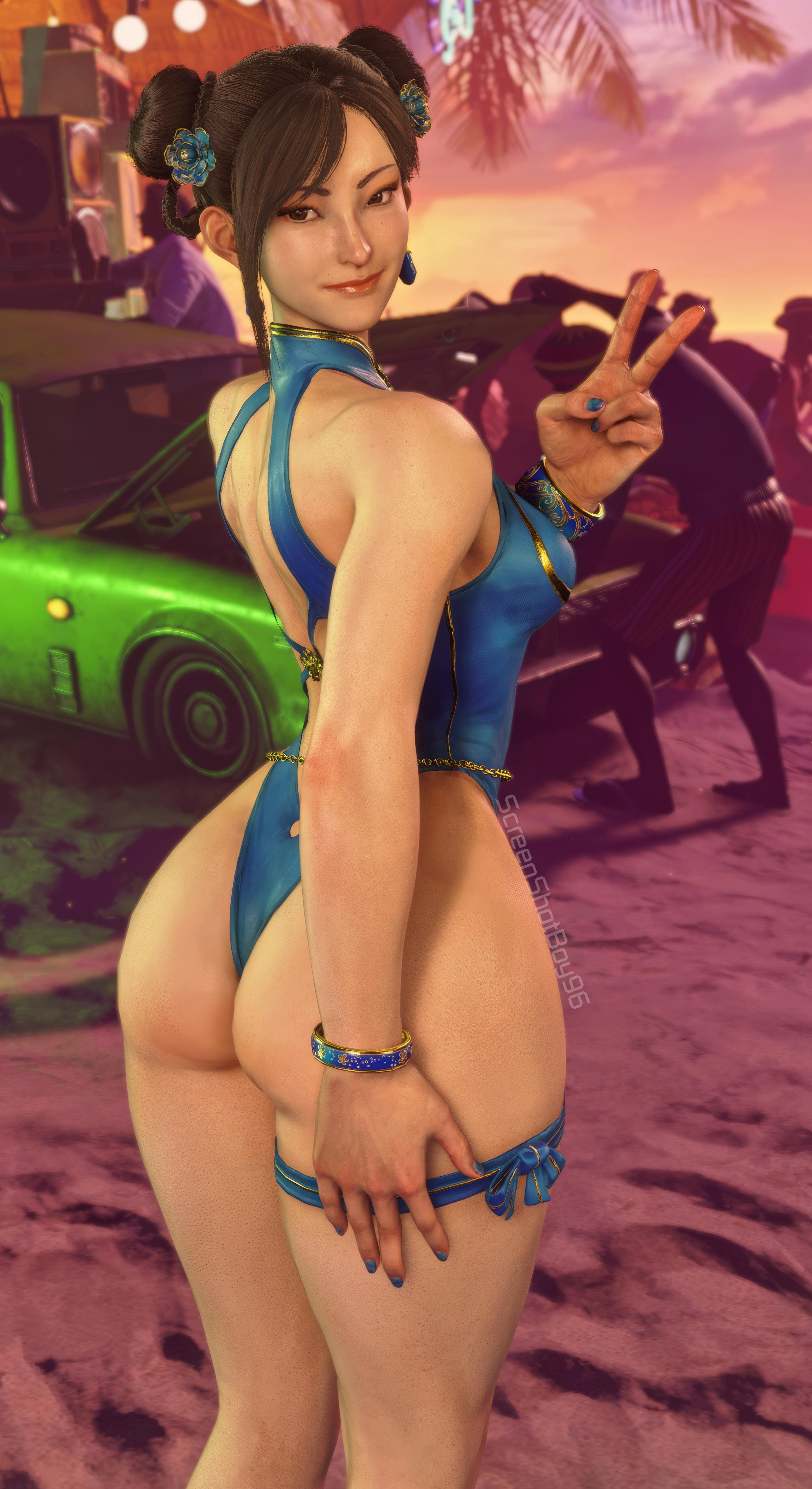 1girls, 3d, asian, asian female, beach, breasts, capcom, chun-li, female, female only, game screenshot, hair bun, large breasts, looking at viewer, official alternate costume, screenshotboy96, solo, solo female, street fighter, street fighter 6, swimsuit, tagme