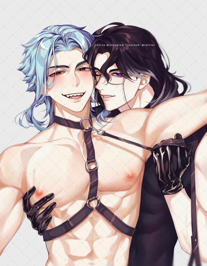 2boys, black hair, blue hair, blush, dottore (genshin impact), gay, genshin impact, male, male only, nipple play, pantalone (genshin impact), purple eyes, red eyes, yaoi