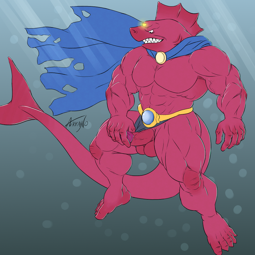 3_eyes anthro arkano arkanoego balls clenched_teeth glowing male_only mammal multi_eye muscular muscular_male penis red_body red_skin shark solo underwater