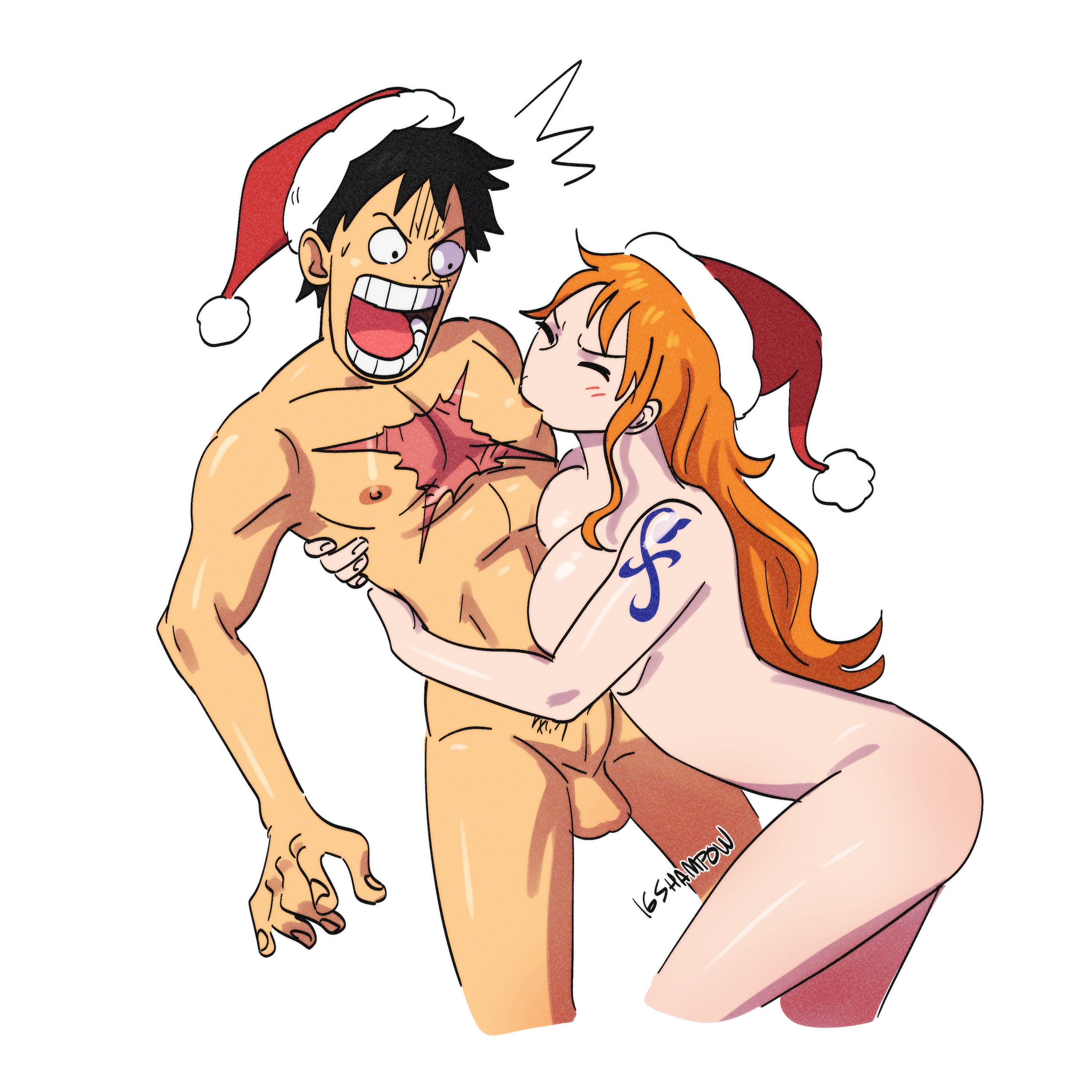 1boy, 1boy1girl, 1girls, ass, big ass, big breasts, big butt, big hips, big thighs, bikini, breasts, brown eyes, caucasian, caucasian female, christmas, christmas outfit, couple, curvaceous, curvaceous female, curvaceous figure, curvy, curvy body, curvy female, curvy figure, female, hips, horse tail, huge ass, huge boobs, huge breasts, huge butt, huge hips, huge thighs, long hair, male, monkey d luffy, nami (one piece), nipple suck, one piece, orange hair, orange-haired female, panties, pussy, santa costume, santa hat, santa lingerie, sexy, sexy female, shampowrado, sucking male nipple, sucking nipples, thick thighs, thighs, voluptuous, voluptuous female, wide hips, wide thighs