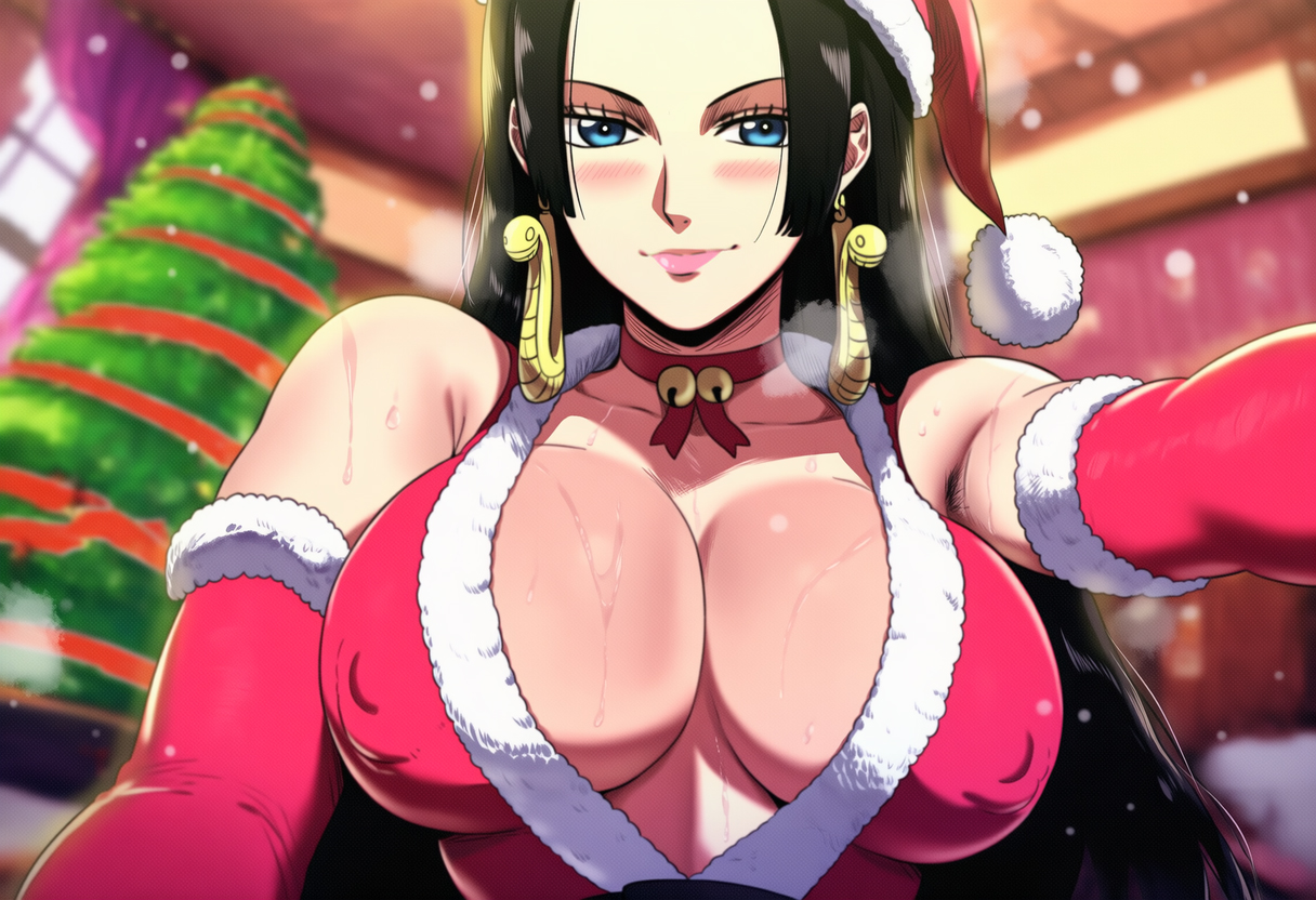 1girls, ai generated, big breasts, black hair, black-haired female, blue eyes, blush, boa hancock, breasts, christmas, christmas clothing, christmas lights, christmas outfit, cleavage, female, female focus, female only, necktie, noberu, one piece, original, seductive, seductive eyes, seductive look, seductive smile, sweat, sweaty