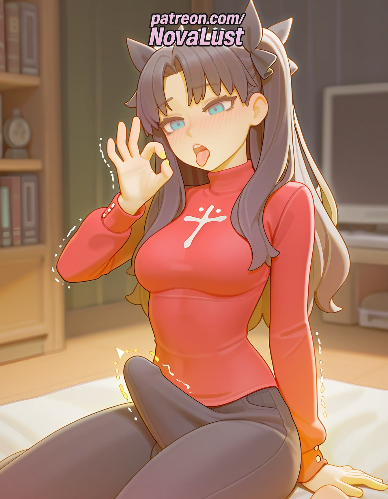 1futa, 2025, ai generated, artist name, average breasts, blurry, blurry background, blush, breasts, bulge, cock, dick, erection, erection under clothes, fate (series), futa only, futanari, hi res, high quality, high resolution, highres, light-skinned futa, long hair, medium breasts, normal breasts, novalust, patreon, patreon username, penis, ribbon, saliva, sitting, solo, stable diffusion, testicles, tohsaka rin, tongue, tongue out, trembling, two side up, watermark