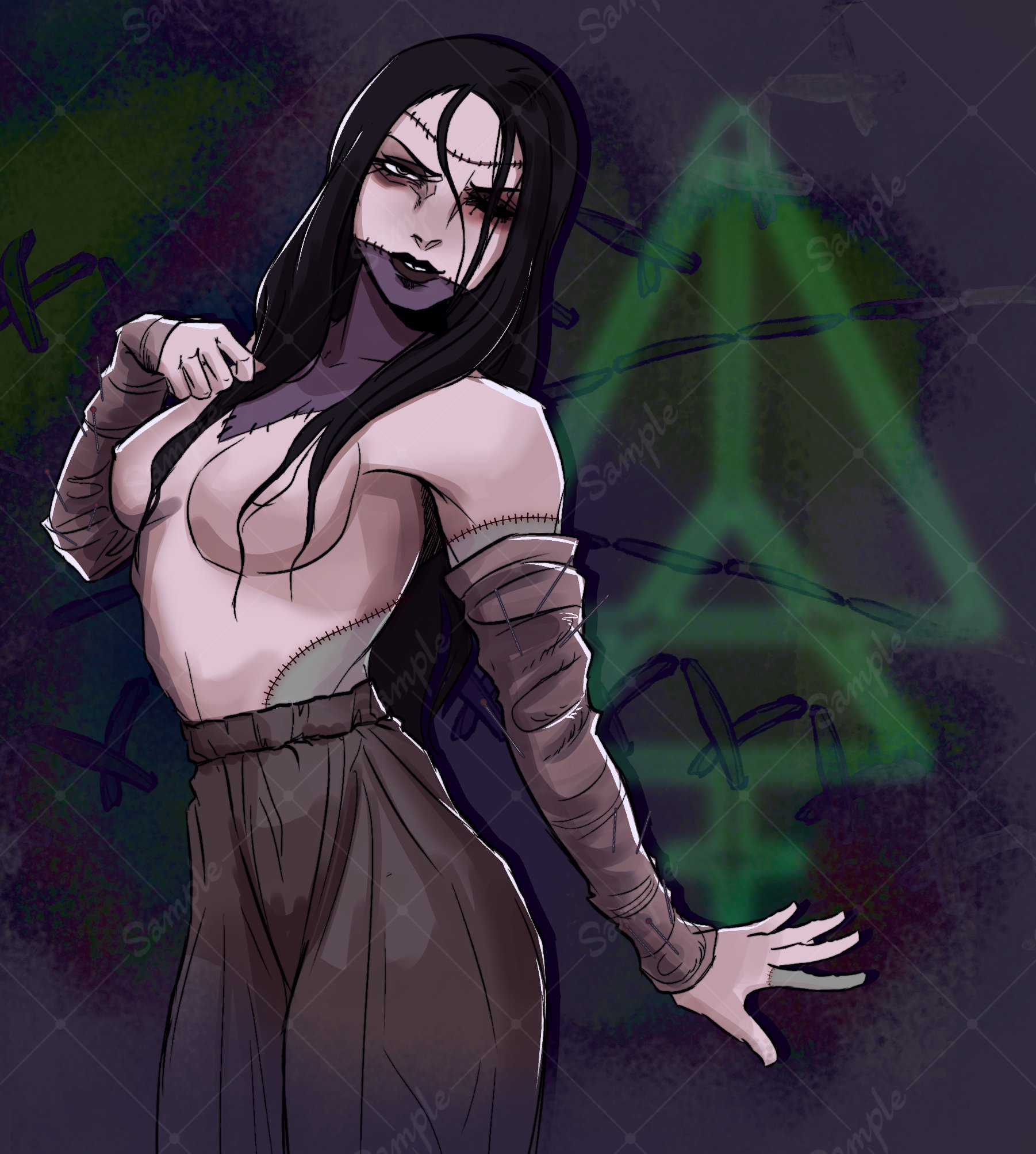 black hair, breasts, fear and hunger, fear and hunger: termina, female, female only, glasgow smile, long hair, looking at viewer, monster girl, patchwork skin, solo, stitched mouth, stitches, stitches (fear and hunger), topless, topless female, tvar ne spit