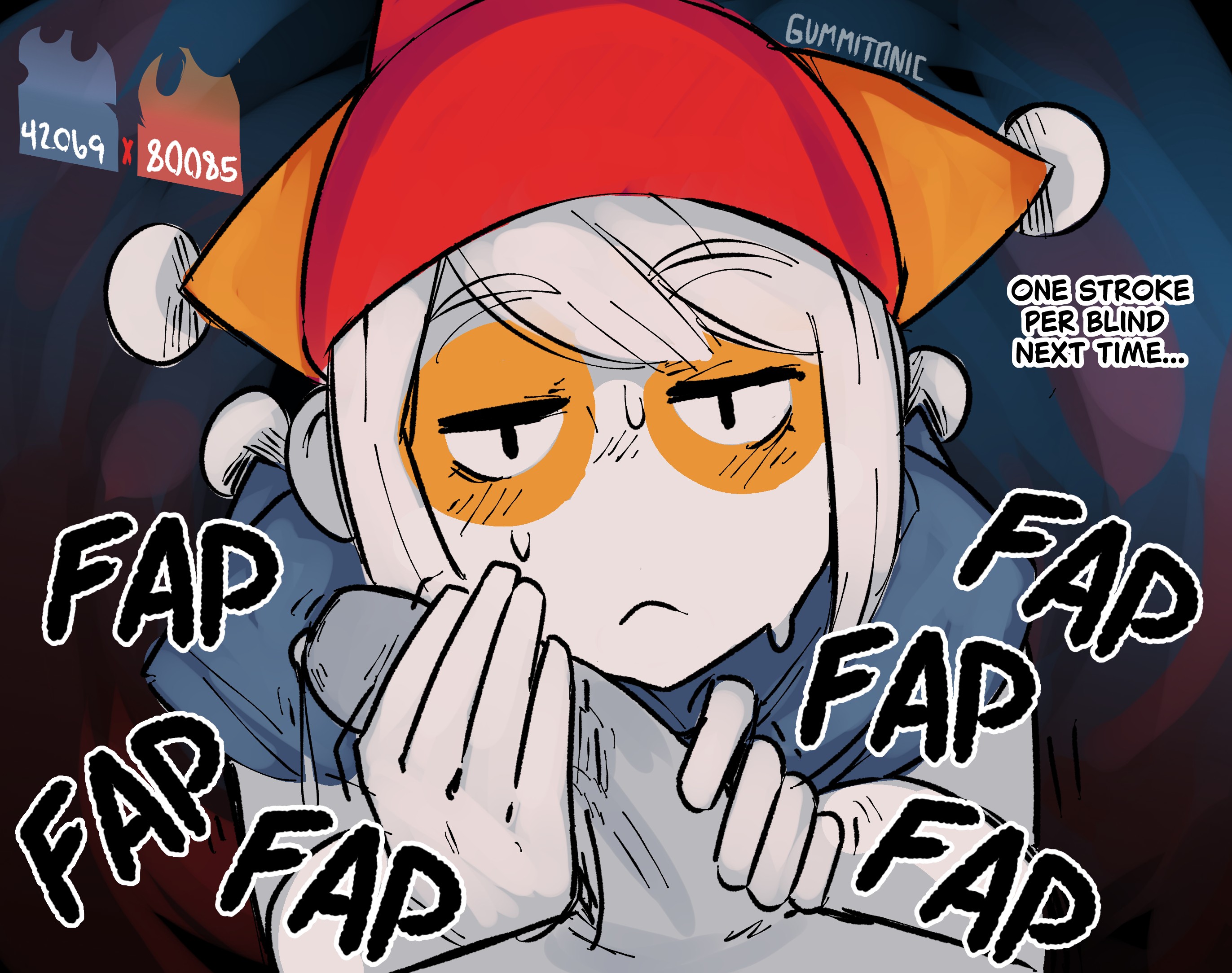 1girls, 2d, 2d (artwork), artist name, balatro, dialogue, fap, gummitonic, handjob, hands on penis, jester, jester girl, jester hat, jimbo (balatro), looking at viewer, onomatopoeia, penis, pov, precum, precum drip, rule 63, sweat, tagme, text, two-handed handjob