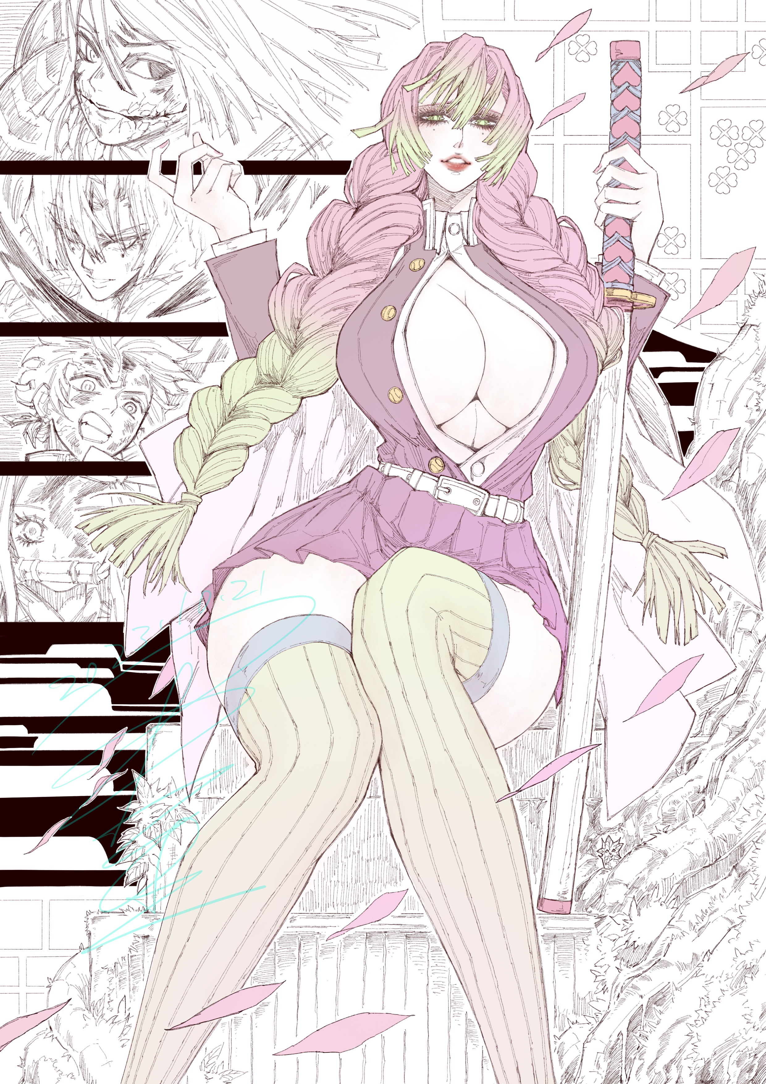2d, 2girls, 3boys, big breasts, braid, braided hair, braids, breasts, demon slayer, female, green eyes, green hair, iguro obanai, jun wu mo, junwumo, kamado nezuko, kamado tanjirou, kanroji mitsuri, kimetsu no yaiba, male, multicolored hair, pink hair, tomioka giyuu, two-tone hair