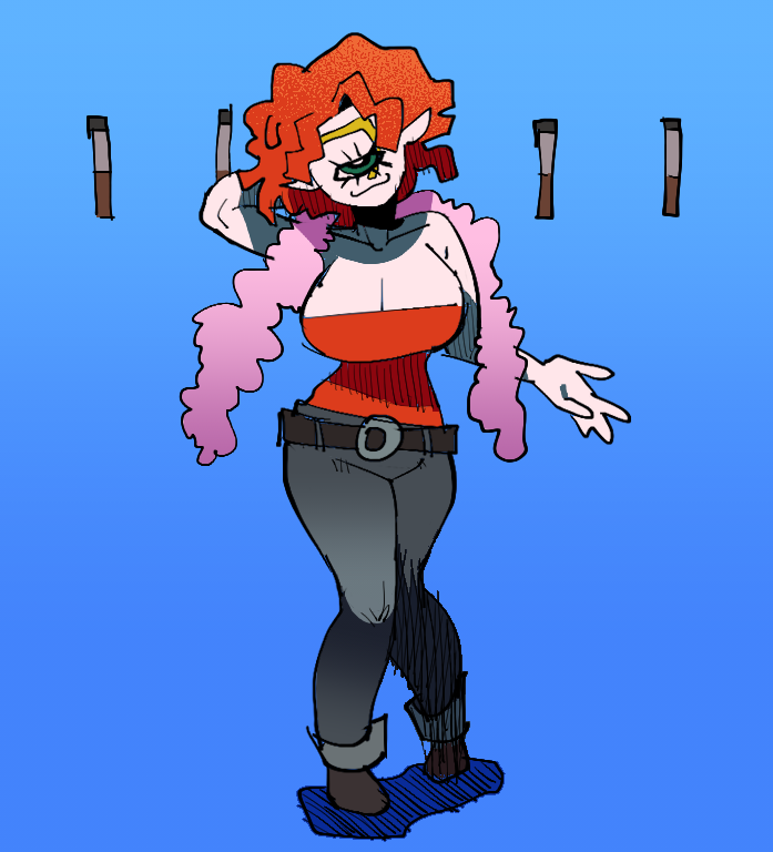 :3 big_breasts blue_pants brown_belt cat_smile cleavage cyclops_girl cyclops_girl_(ennuikal) ennuikalart face_tattoo feathered_scarf monster_girl oc original original_character pale-skinned_female pale_skin red_hair ring_eyes scarf simple_background simple_shading slim_waist tagme thick_thighs tubetop