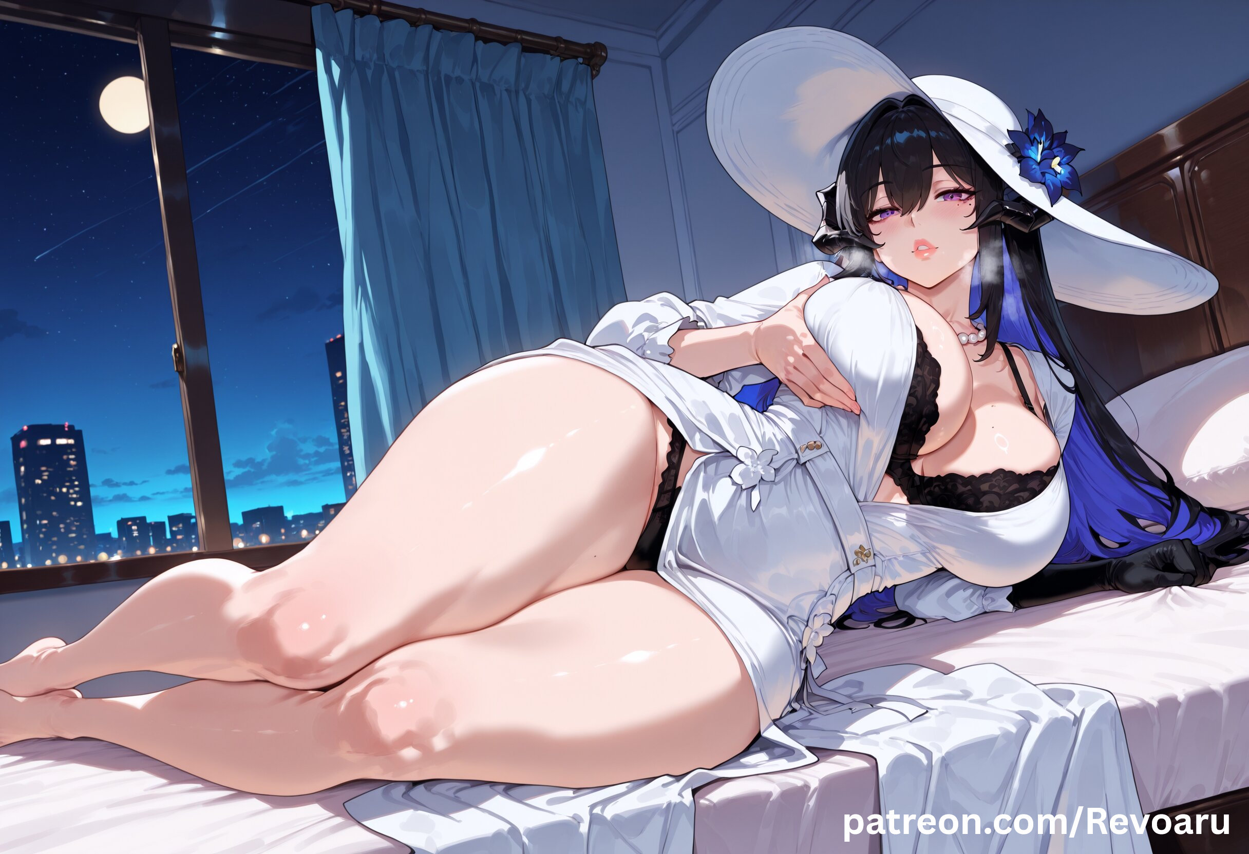 ai generated, big breasts, black hair, breasts, constance (honkai: star rail), female, female only, honkai (series), honkai: star rail, horns, hoyoverse, huge breasts, mature, mature female, quality, revoaru, solo, the dahlia (honkai: star rail), thick thighs, thighs, white dress